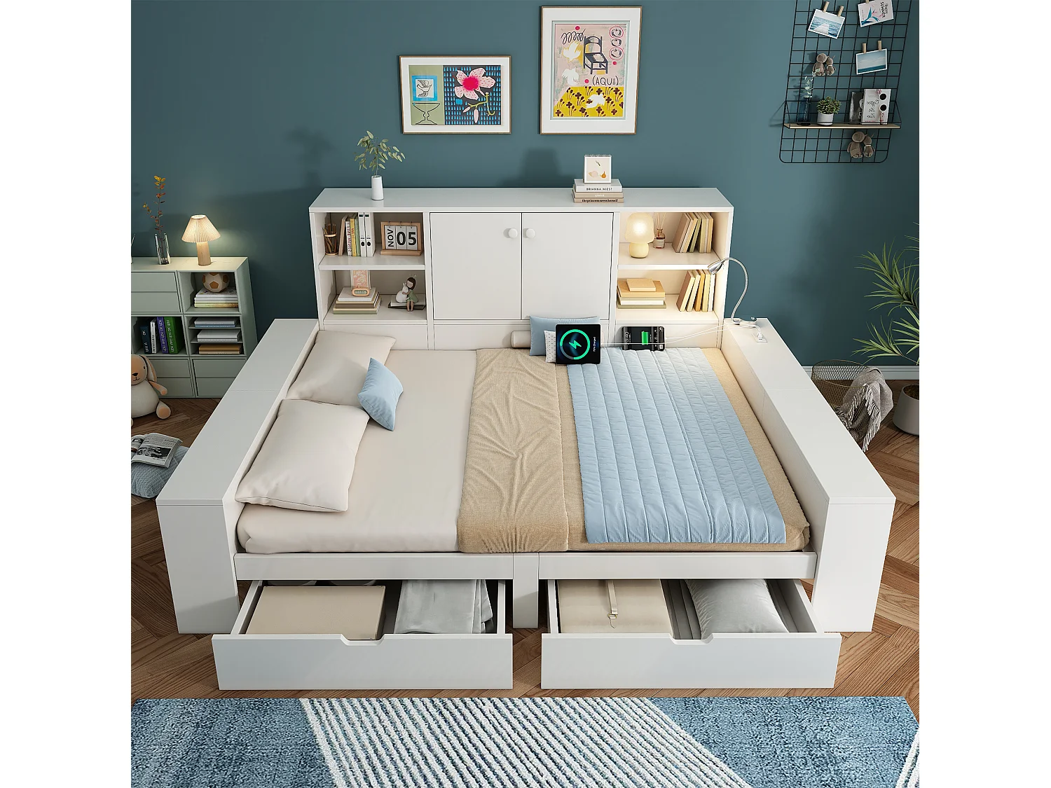 Lit banquette coffre pour enfant - 90 x 200 cm - avec tiroirs + étagère de rangement + USB - MDF - blanc