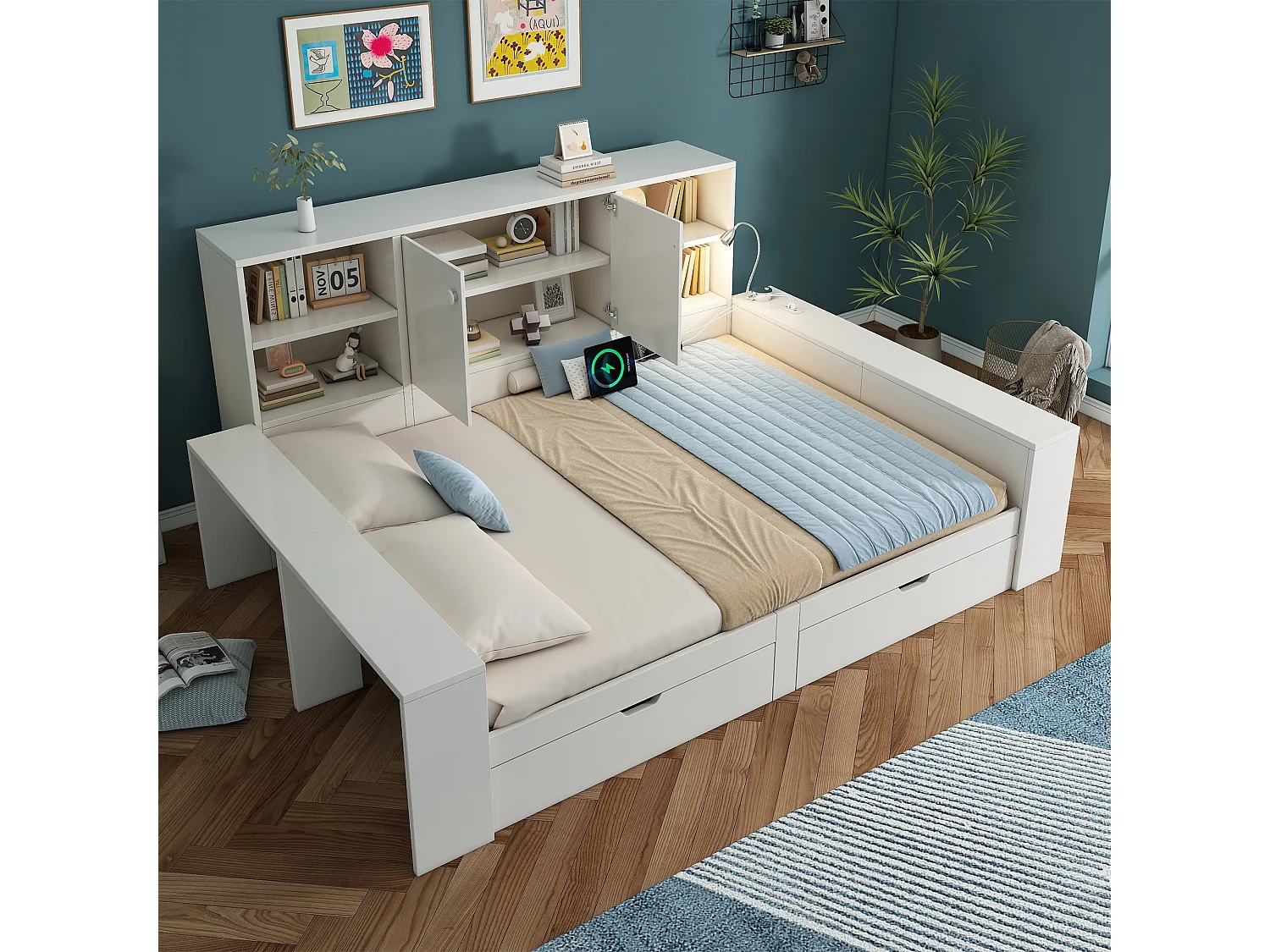 Lit banquette coffre pour enfant - 90 x 200 cm - avec tiroirs + étagère de rangement + USB - MDF - blanc