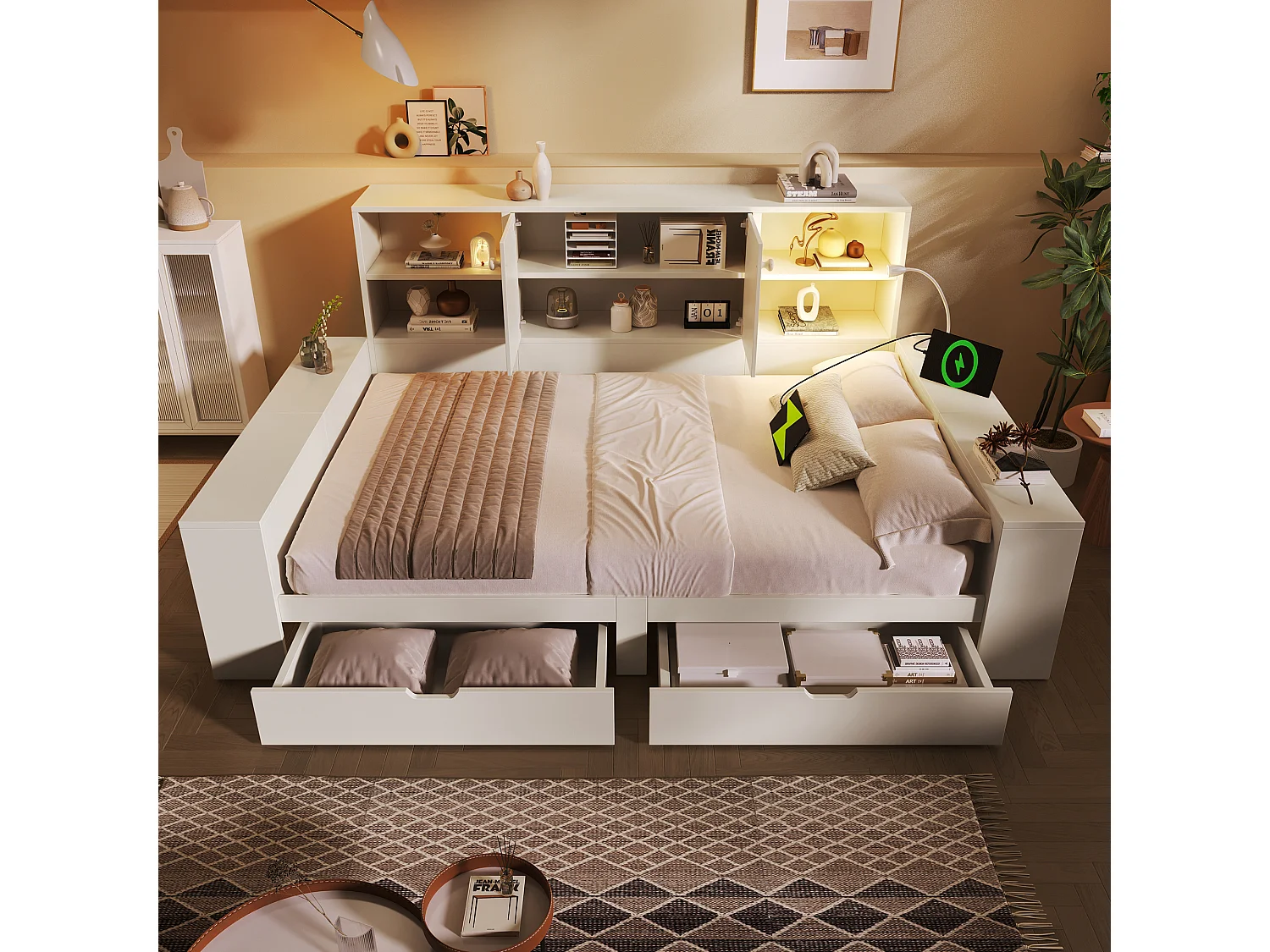 Lit banquette coffre pour enfant - 90 x 200 cm - avec tiroirs + étagère de rangement + USB - MDF - blanc