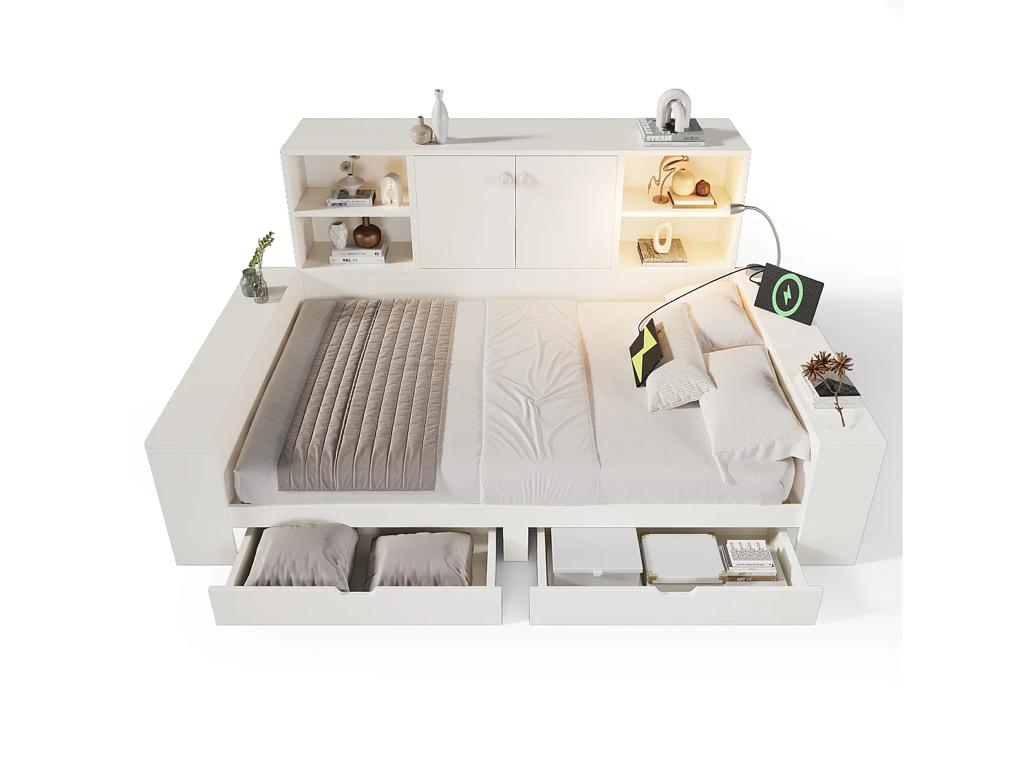 Lit banquette coffre pour enfant - 90 x 200 cm - avec tiroirs + étagère de rangement + USB - MDF - blanc