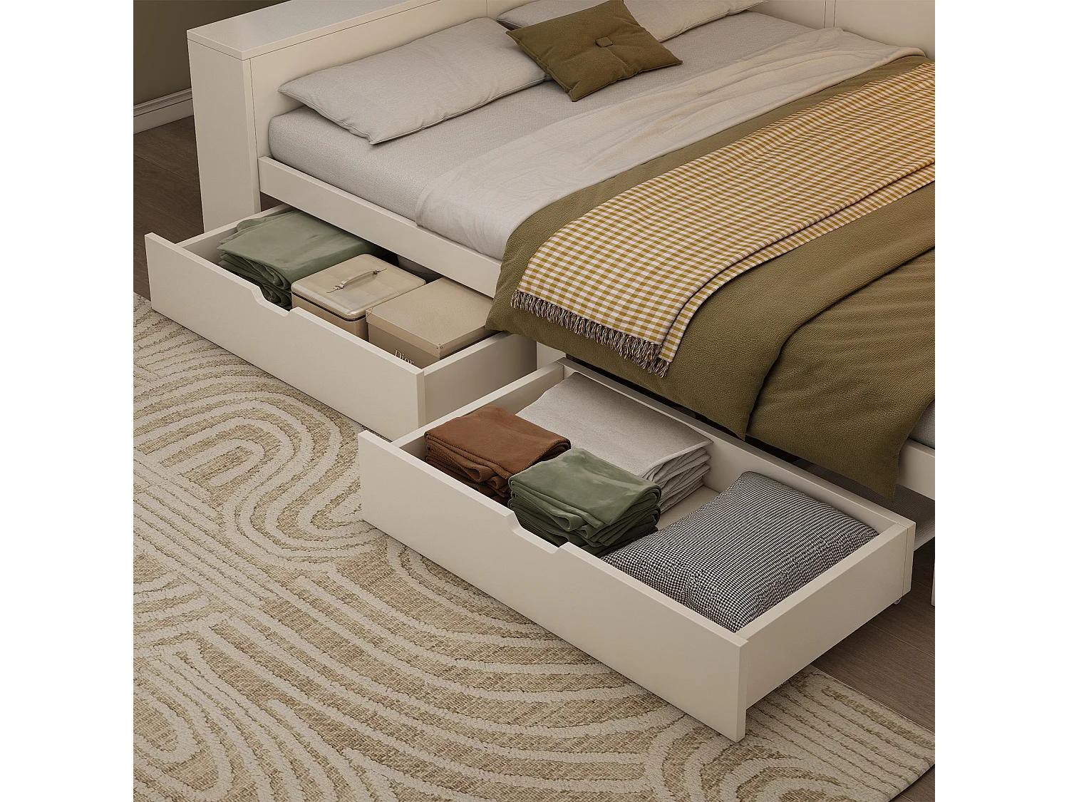 Lit banquette coffre pour enfant - 90 x 200 cm - avec tiroirs + étagère de rangement + USB - MDF - blanc