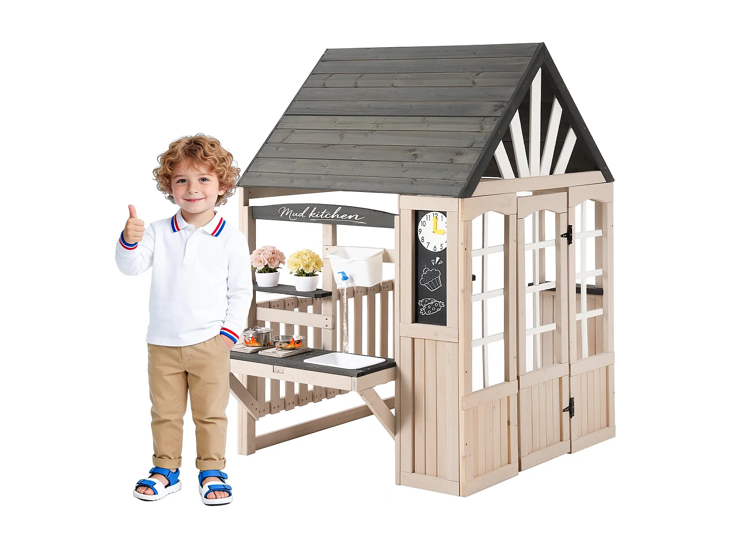 Jouets de cuisine pour enfants pour le jardin 109x110x164cm - avec un vrai robinet - Jouet d’Imitation pour 3 Ans+ (Naturel+Gris)