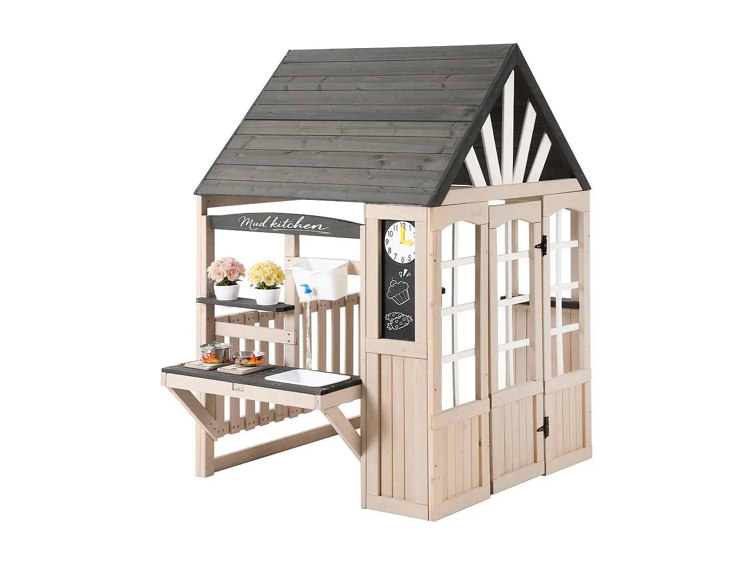 Jouets de cuisine pour enfants pour le jardin 109x110x164cm - avec un vrai robinet - Jouet d’Imitation pour 3 Ans+ (Naturel+Gris)
