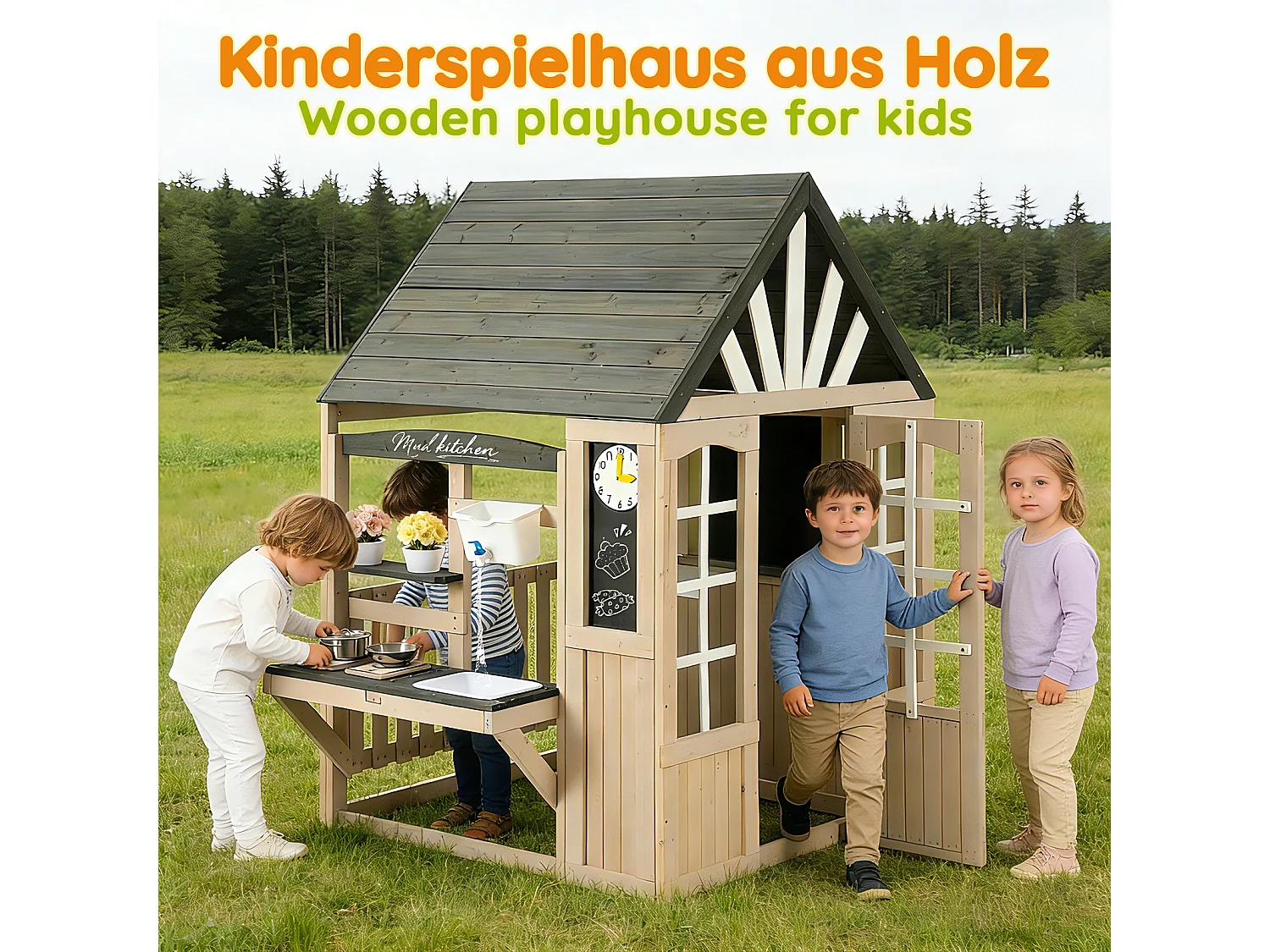 Jouets de cuisine pour enfants pour le jardin 109x110x164cm - avec un vrai robinet - Jouet d’Imitation pour 3 Ans+ (Naturel+Gris)