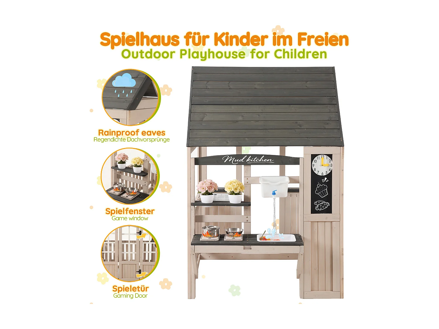 Jouets de cuisine pour enfants pour le jardin 109x110x164cm - avec un vrai robinet - Jouet d’Imitation pour 3 Ans+ (Naturel+Gris)