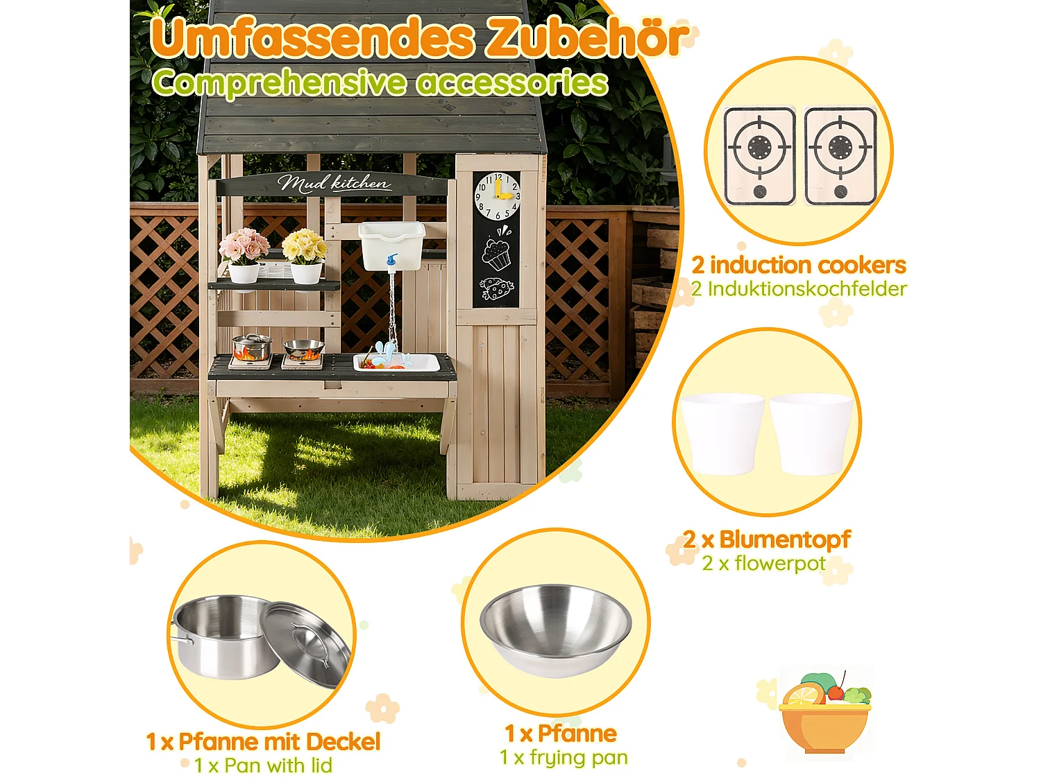 Jouets de cuisine pour enfants pour le jardin 109x110x164cm - avec un vrai robinet - Jouet d’Imitation pour 3 Ans+ (Naturel+Gris)