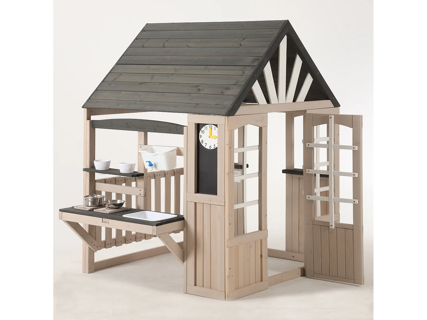 Jouets de cuisine pour enfants pour le jardin 109x110x164cm - avec un vrai robinet - Jouet d’Imitation pour 3 Ans+ (Naturel+Gris)