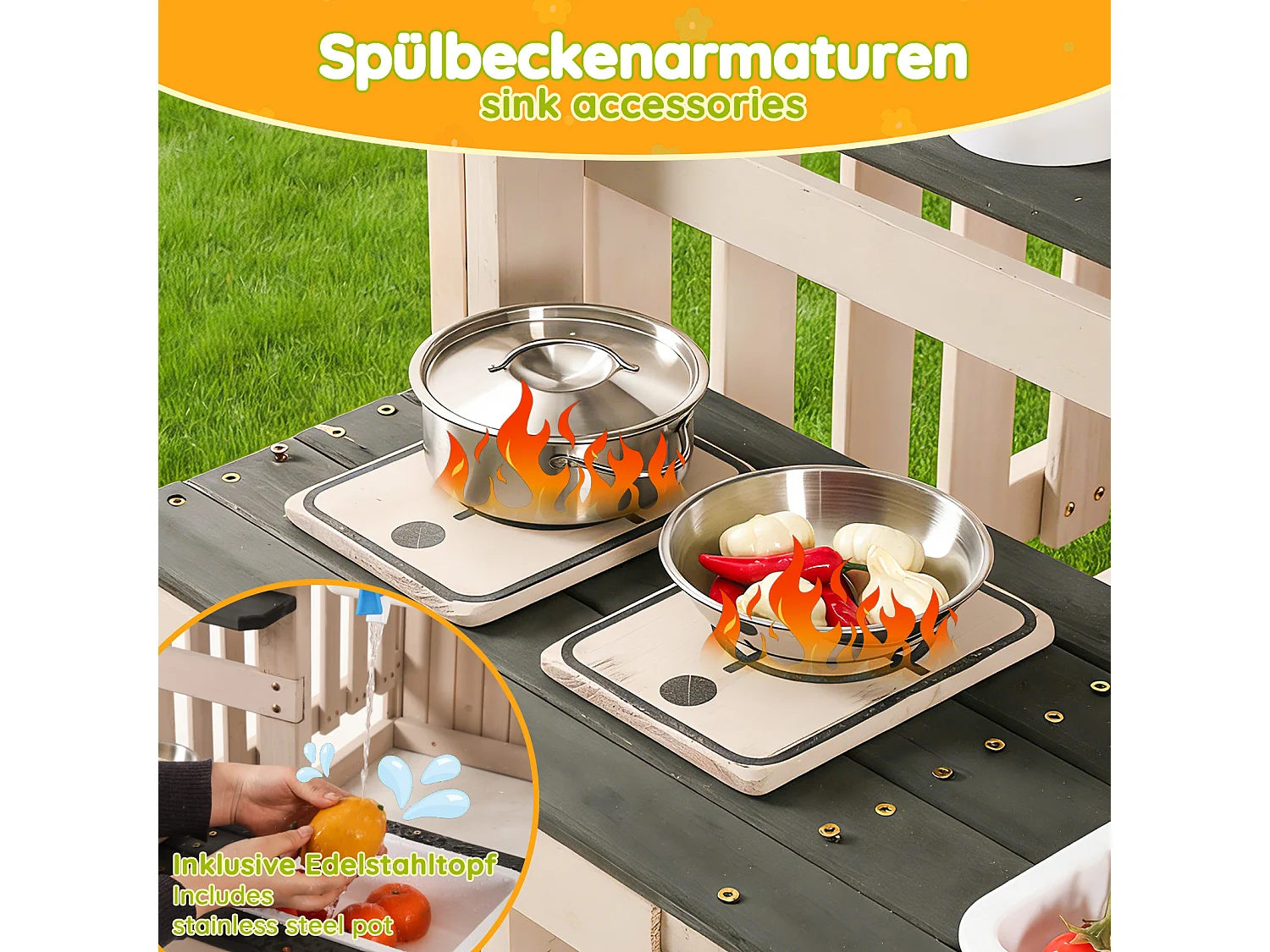 Jouets de cuisine pour enfants pour le jardin 109x110x164cm - avec un vrai robinet - Jouet d’Imitation pour 3 Ans+ (Naturel+Gris)