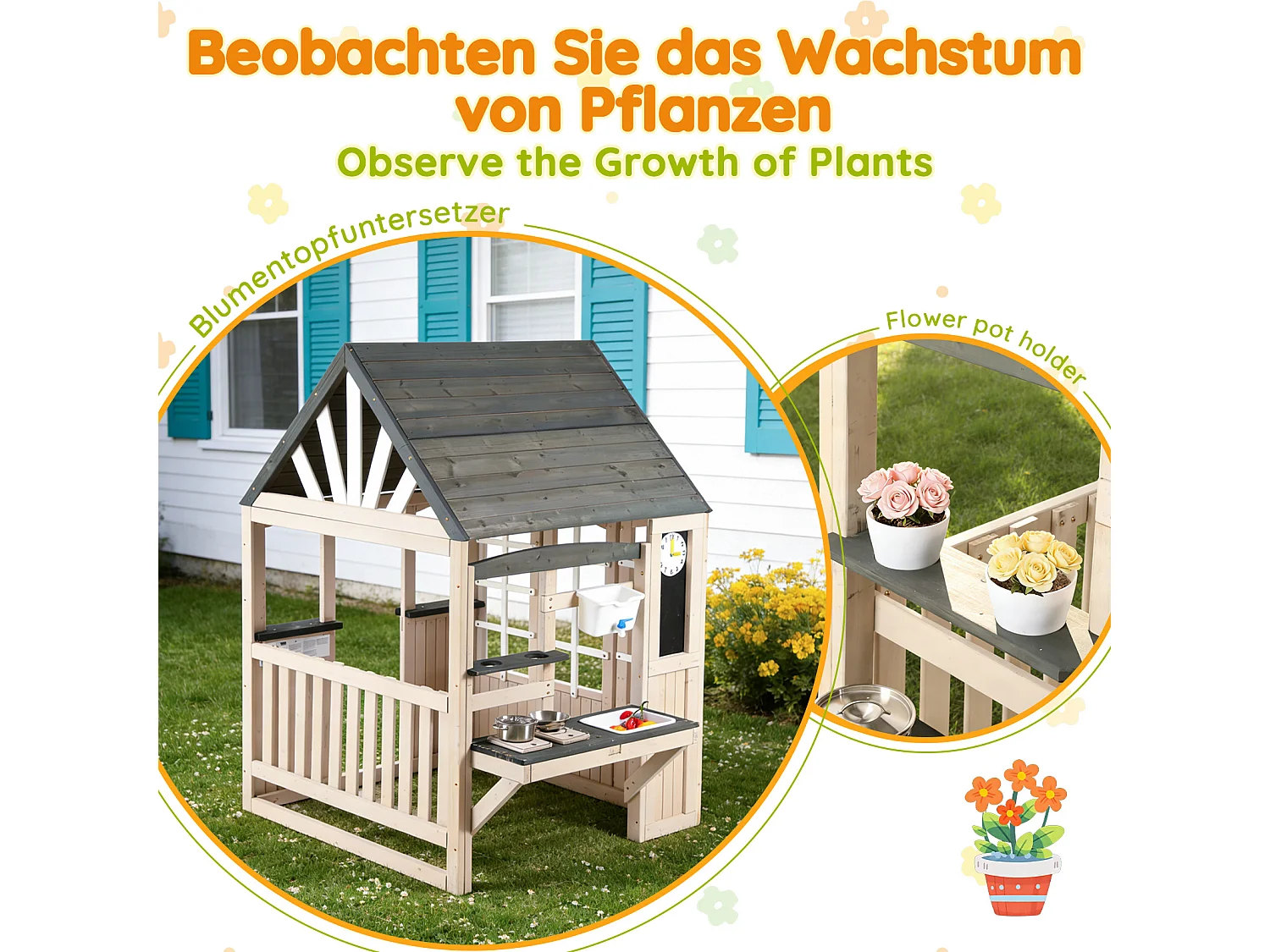 Jouets de cuisine pour enfants pour le jardin 109x110x164cm - avec un vrai robinet - Jouet d’Imitation pour 3 Ans+ (Naturel+Gris)