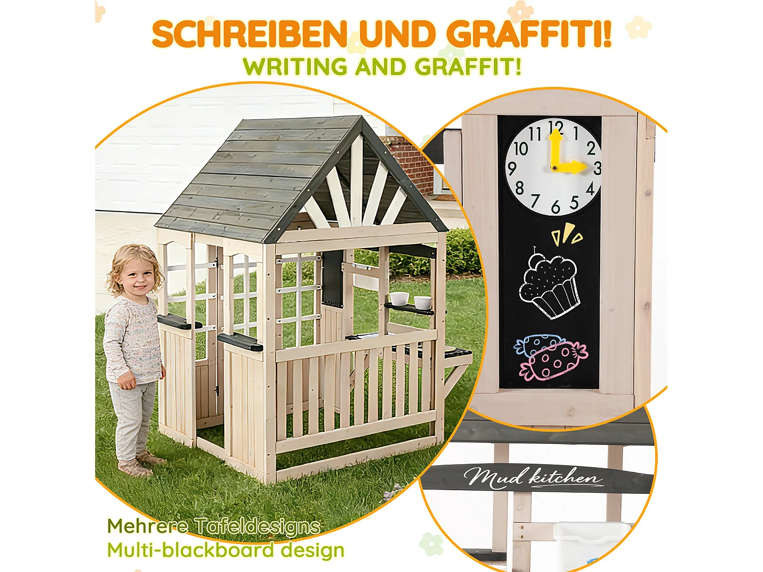 Jouets de cuisine pour enfants pour le jardin 109x110x164cm - avec un vrai robinet - Jouet d’Imitation pour 3 Ans+ (Naturel+Gris)