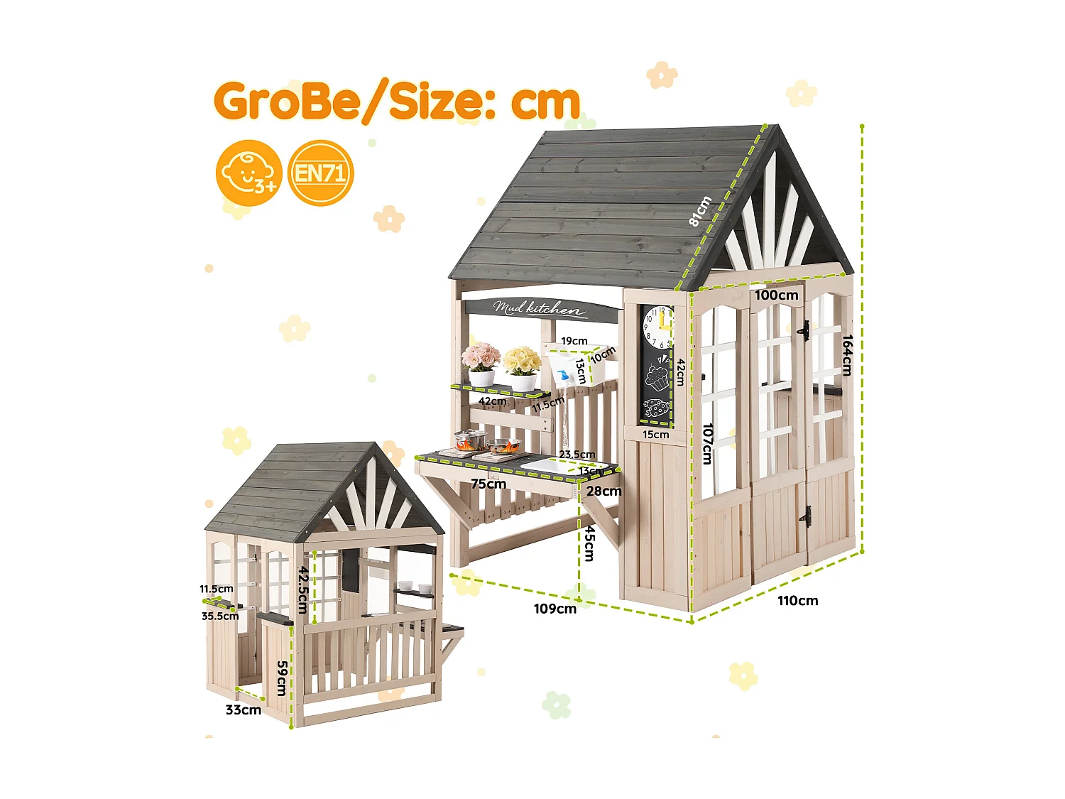 Jouets de cuisine pour enfants pour le jardin 109x110x164cm - avec un vrai robinet - Jouet d’Imitation pour 3 Ans+ (Naturel+Gris)