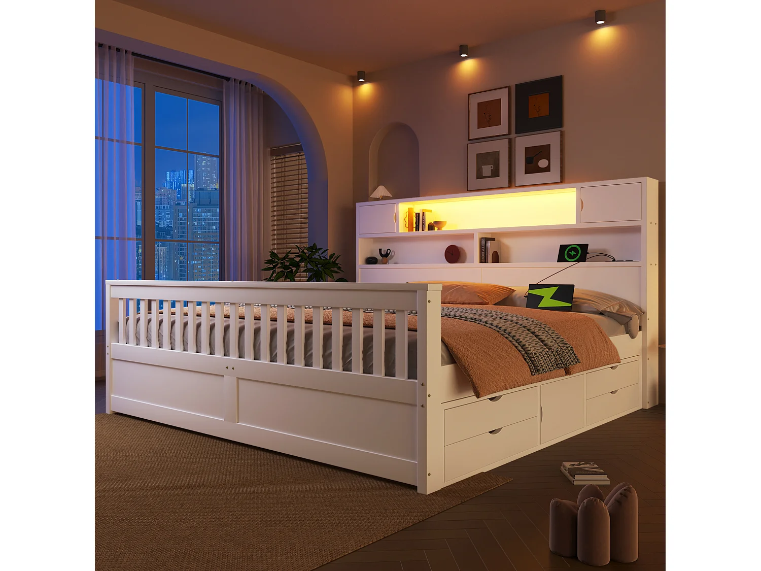 Plattformbettgestell – 180 x 200 cm – mit Regalen, Stauraum im Kopfteil, LED-Beleuchtung, USB-Anschlüssen und 4 Schubladen – MDF – weiß