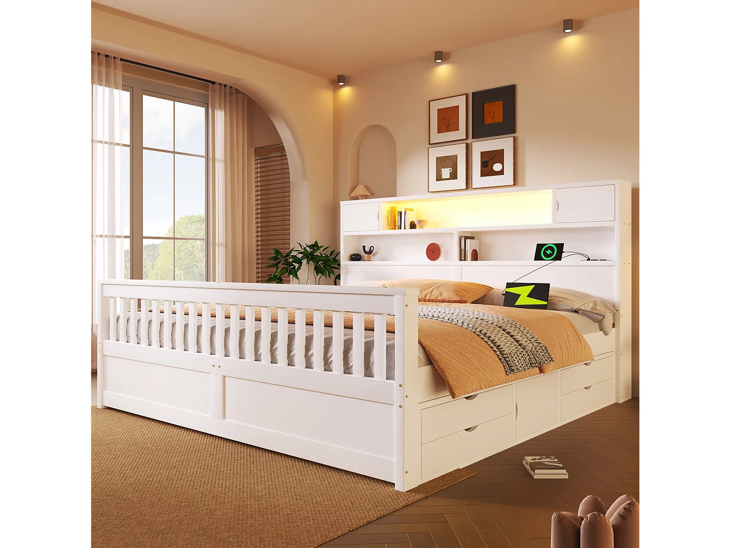 Plattformbettgestell – 180 x 200 cm – mit Regalen, Stauraum im Kopfteil, LED-Beleuchtung, USB-Anschlüssen und 4 Schubladen – MDF – weiß