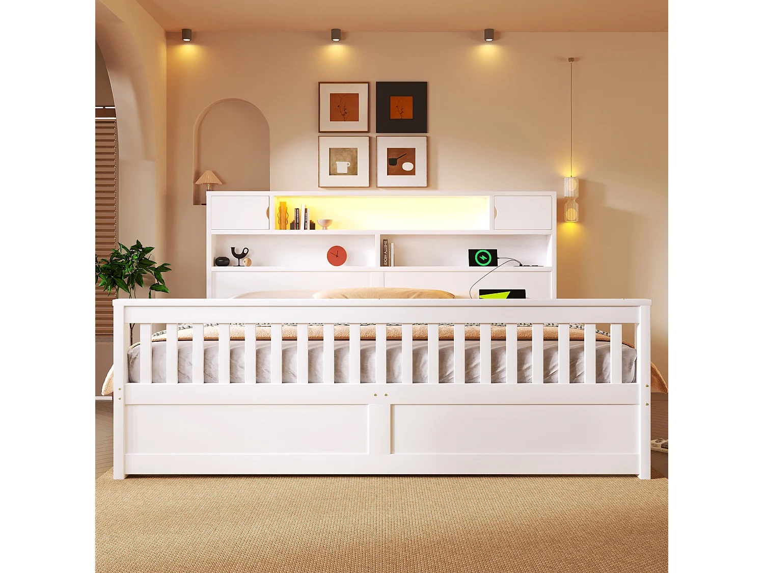 Plattformbettgestell – 180 x 200 cm – mit Regalen, Stauraum im Kopfteil, LED-Beleuchtung, USB-Anschlüssen und 4 Schubladen – MDF – weiß