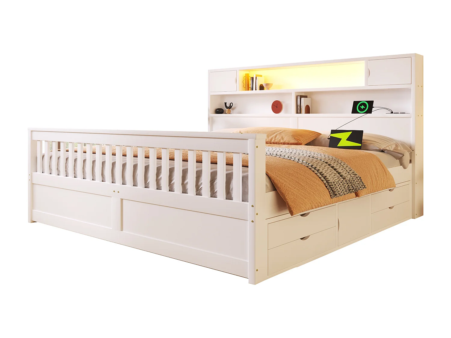 Plattformbettgestell – 180 x 200 cm – mit Regalen, Stauraum im Kopfteil, LED-Beleuchtung, USB-Anschlüssen und 4 Schubladen – MDF – weiß