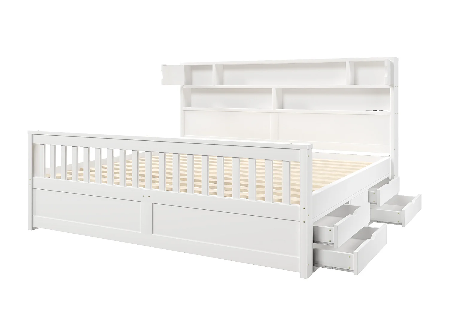 Plattformbettgestell – 180 x 200 cm – mit Regalen, Stauraum im Kopfteil, LED-Beleuchtung, USB-Anschlüssen und 4 Schubladen – MDF – weiß