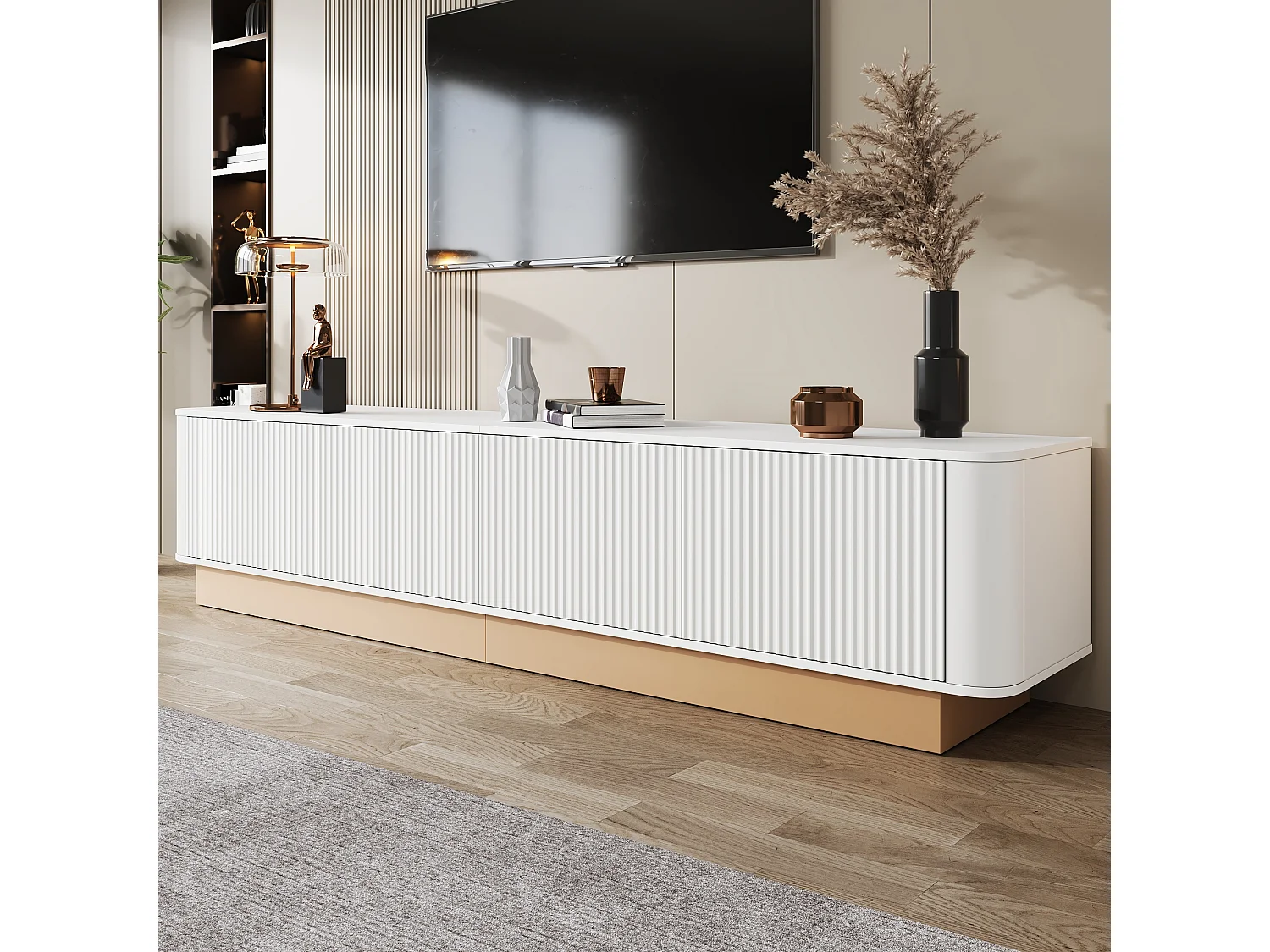Moderner minimalistischer TV-Schrank - 200x40x47,5 cm - 4 Türen - Höhenverstellbare Einlegeböden - Abgerundete Ecken - MDF - Weiß