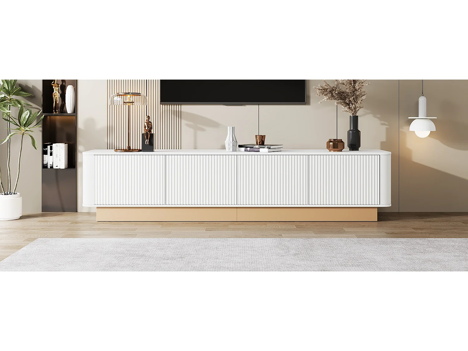 Moderner minimalistischer TV-Schrank - 200x40x47,5 cm - 4 Türen - Höhenverstellbare Einlegeböden - Abgerundete Ecken - MDF - Weiß