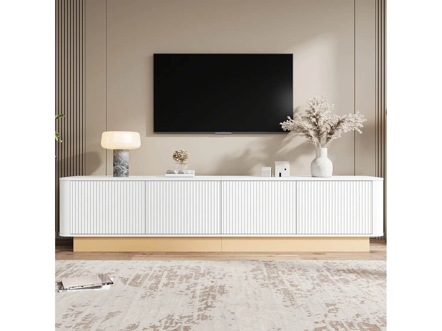 Moderner minimalistischer TV-Schrank - 200x40x47,5 cm - 4 Türen - Höhenverstellbare Einlegeböden - Abgerundete Ecken - MDF - Weiß