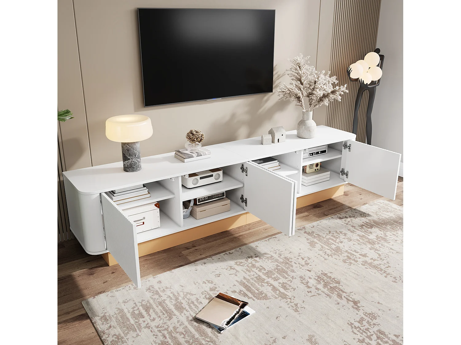 Moderner minimalistischer TV-Schrank - 200x40x47,5 cm - 4 Türen - Höhenverstellbare Einlegeböden - Abgerundete Ecken - MDF - Weiß