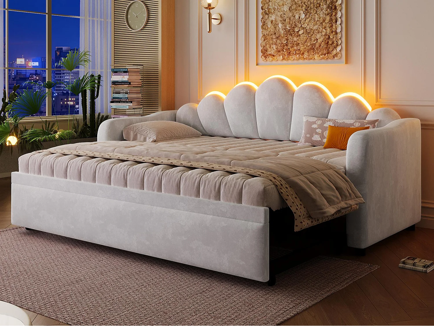 Gepolstertes Schlafsofa 90x200 cm - Mit Gästebett - Integrierte LED-Beleuchtung - Samt + MDF - Grau​ (ohne Matratze)