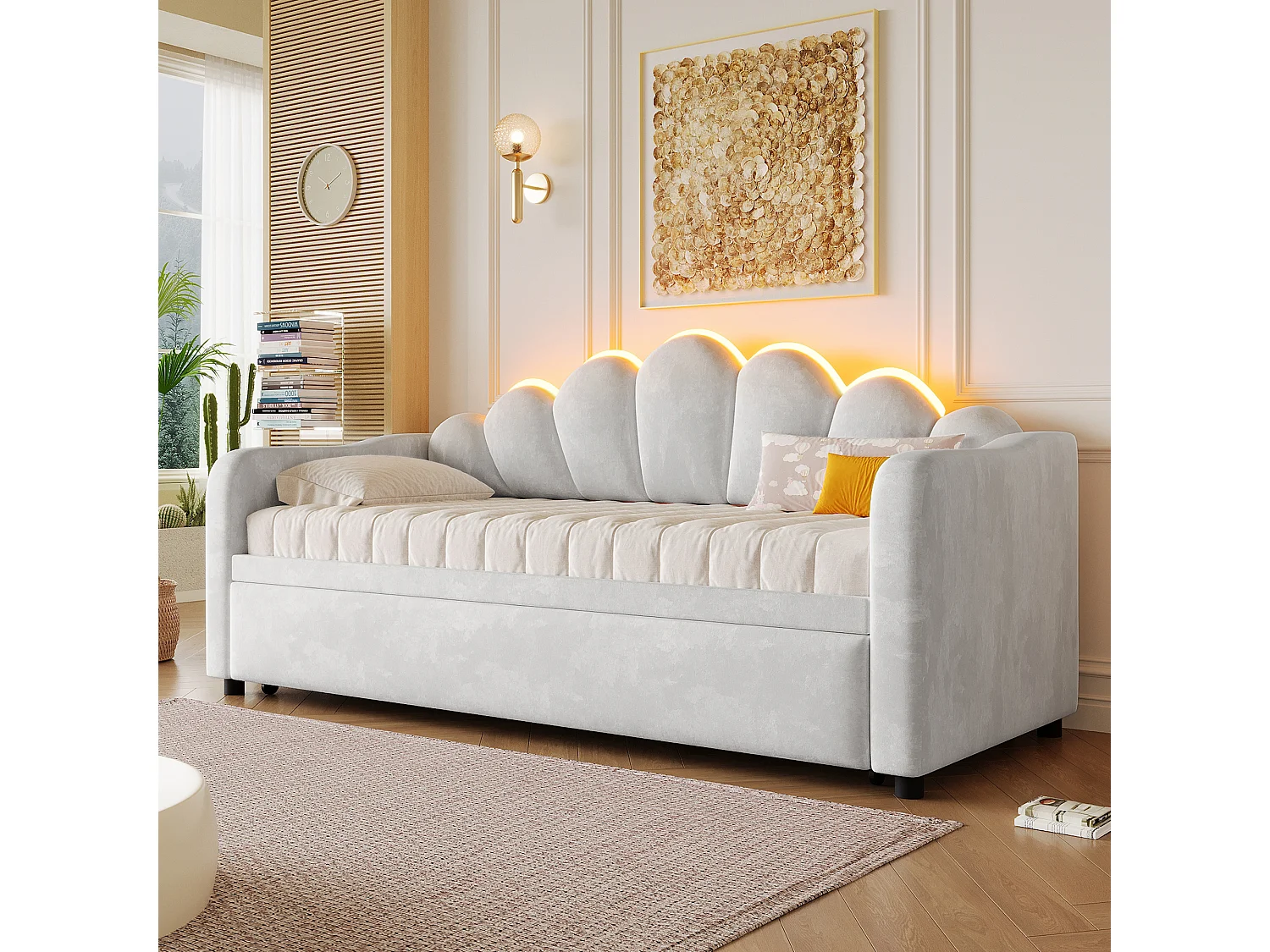 Gepolstertes Schlafsofa 90x200 cm - Mit Gästebett - Integrierte LED-Beleuchtung - Samt + MDF - Grau​ (ohne Matratze)
