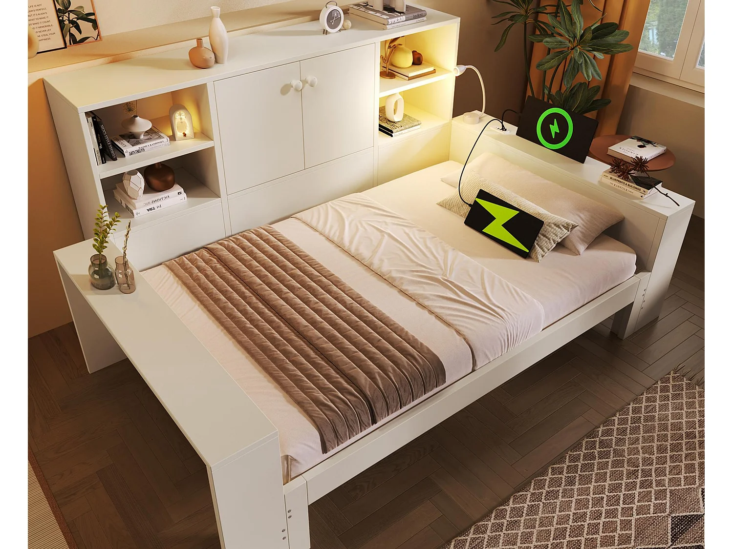 Schlafsofa 90x200cm - mit Gästebett und Leselicht - mit USB/USB-C-Anschluss - mit 2 Türen und Stauraum - weiß​ (ohne Matratze)