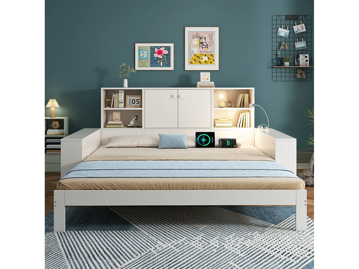 Schlafsofa 90x200cm - mit Gästebett und Leselicht - mit USB/USB-C-Anschluss - mit 2 Türen und Stauraum - weiß​ (ohne Matratze)