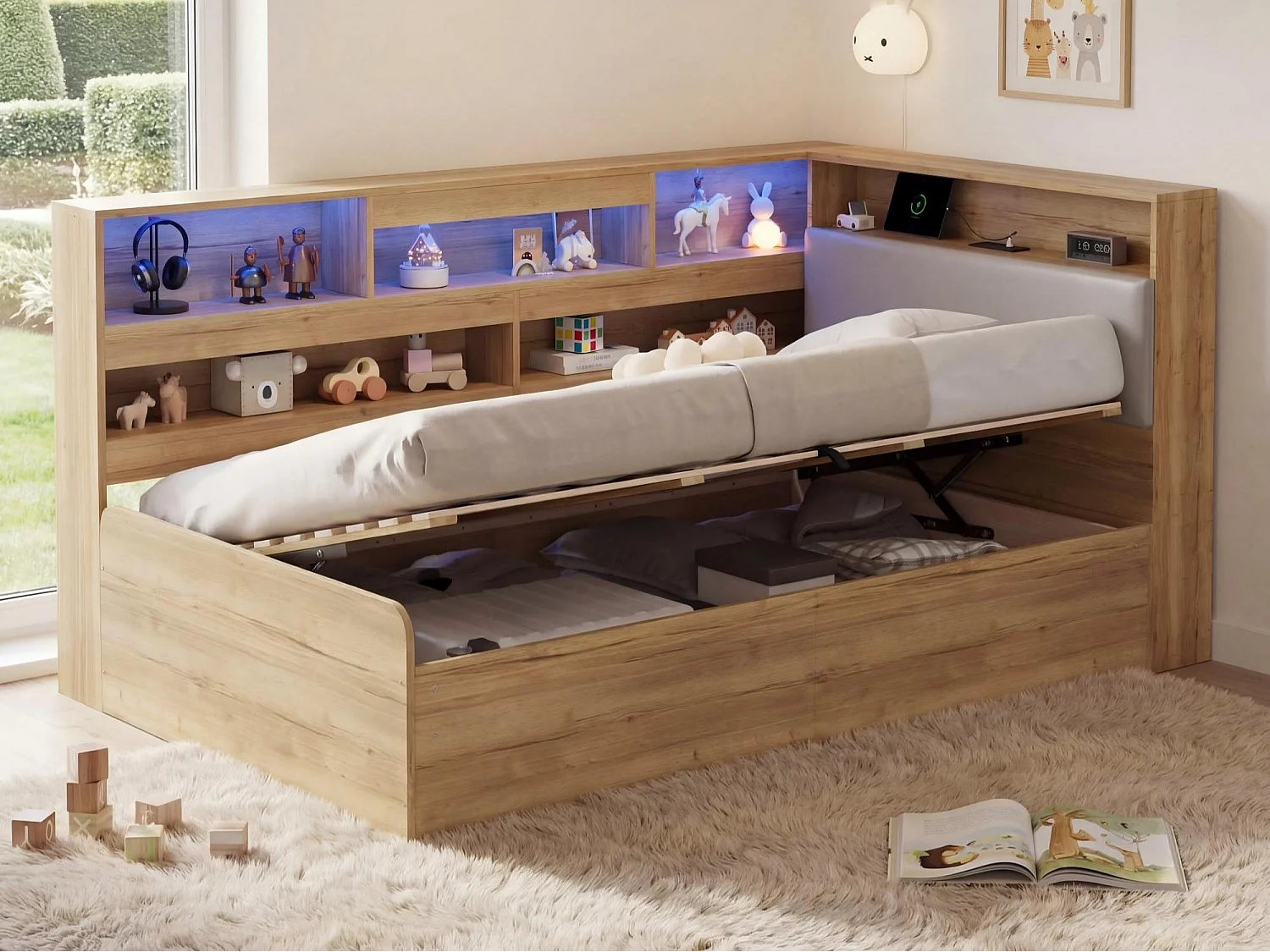 Kinderbett mit Stauraum 90x200cm - mit USB-Anschluss und LED - Stauraum unter dem Bett - Staufächer - MDF - Natur​ (ohne Matratze)