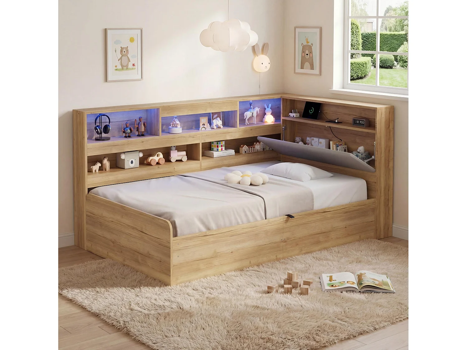 Kinderbett mit Stauraum 90x200cm - mit USB-Anschluss und LED - Stauraum unter dem Bett - Staufächer - MDF - Natur​ (ohne Matratze)