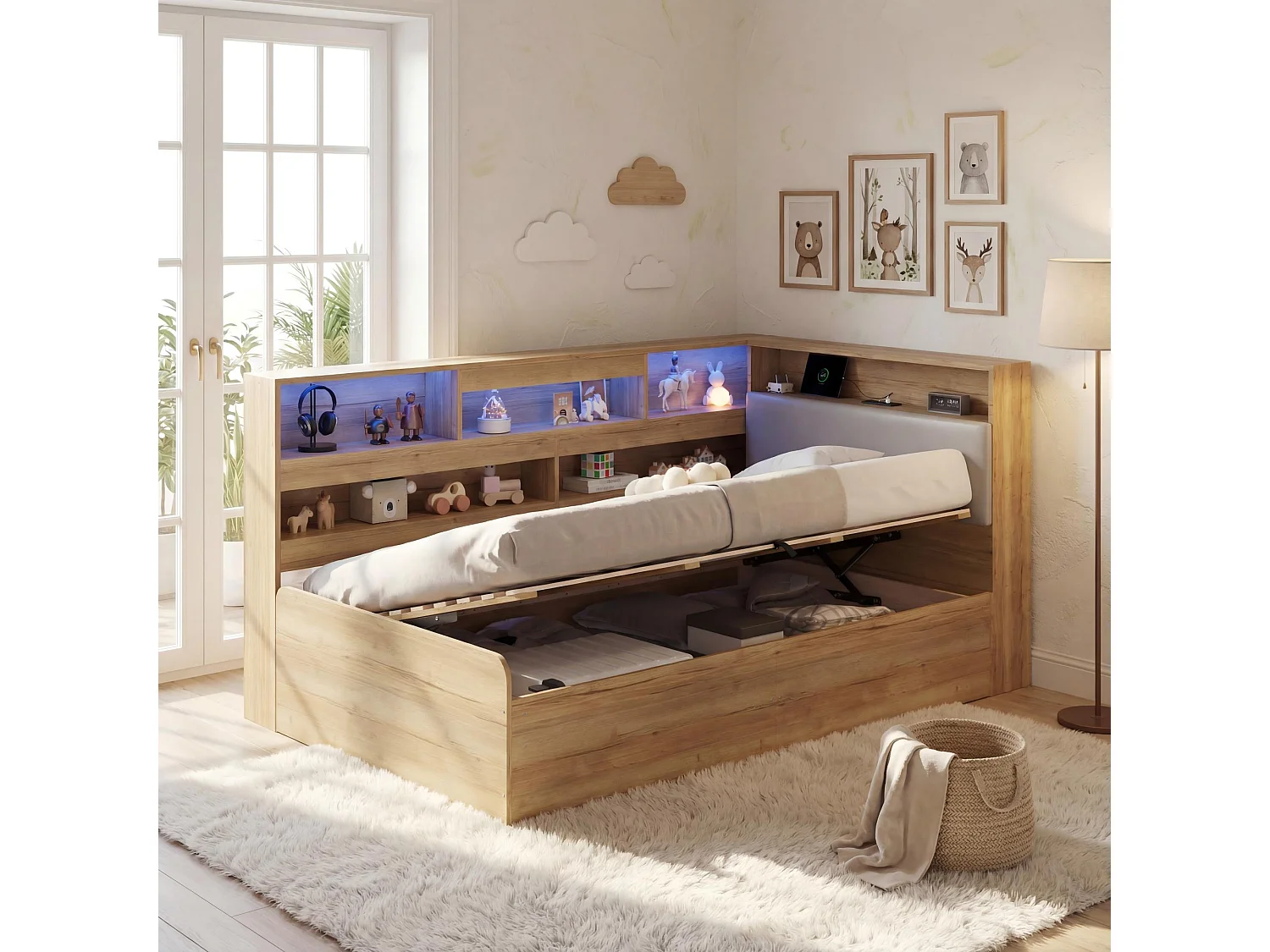 Kinderbett mit Stauraum 90x200cm - mit USB-Anschluss und LED - Stauraum unter dem Bett - Staufächer - MDF - Natur​ (ohne Matratze)