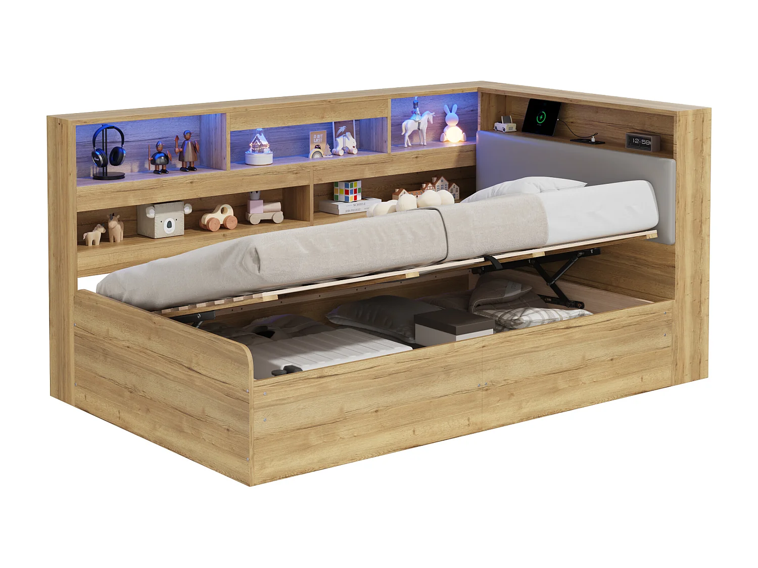 Kinderbett mit Stauraum 90x200cm - mit USB-Anschluss und LED - Stauraum unter dem Bett - Staufächer - MDF - Natur​ (ohne Matratze)