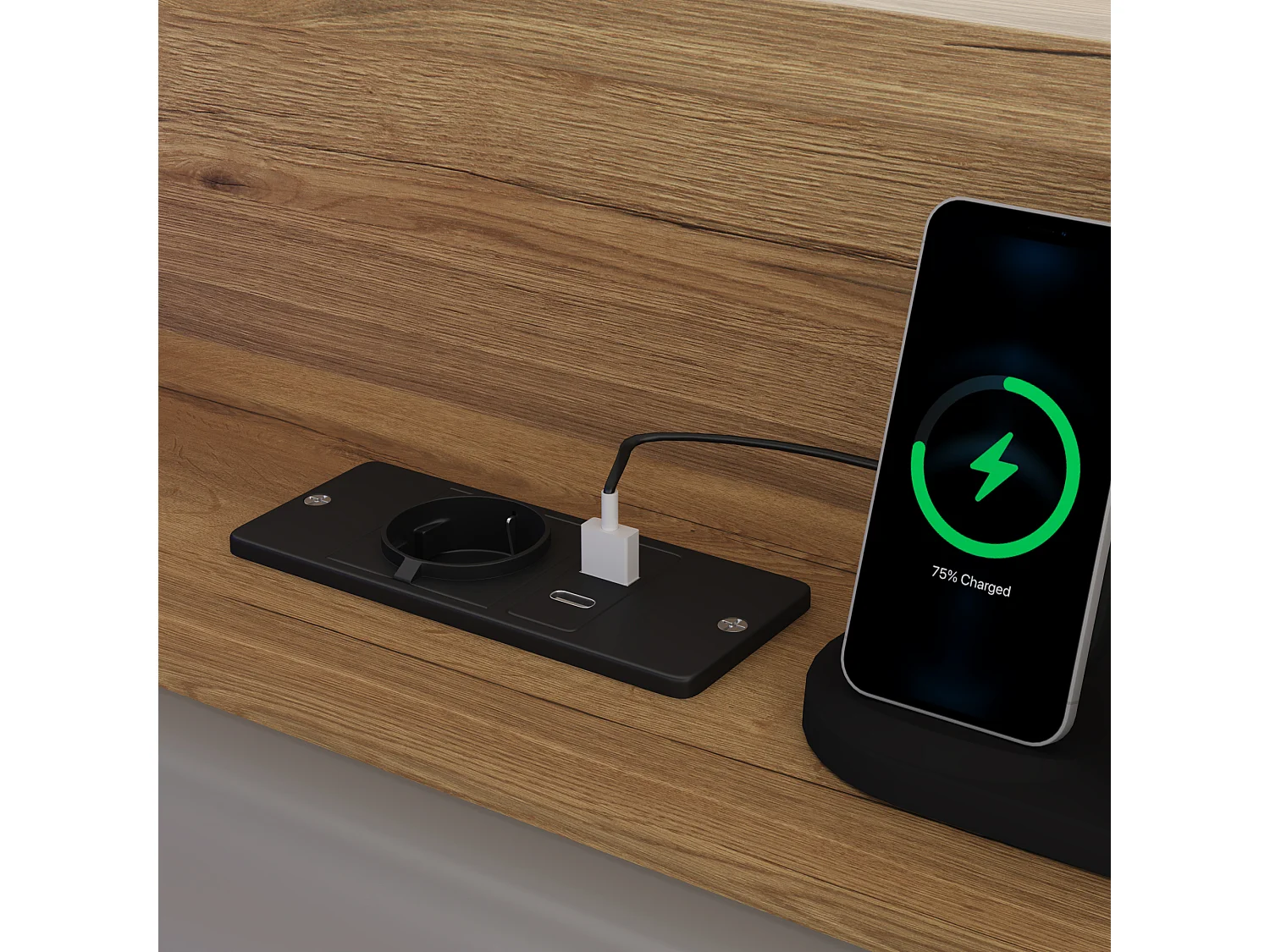 Kinderbett mit Stauraum 90x200cm - mit USB-Anschluss und LED - Stauraum unter dem Bett - Staufächer - MDF - Natur​ (ohne Matratze)