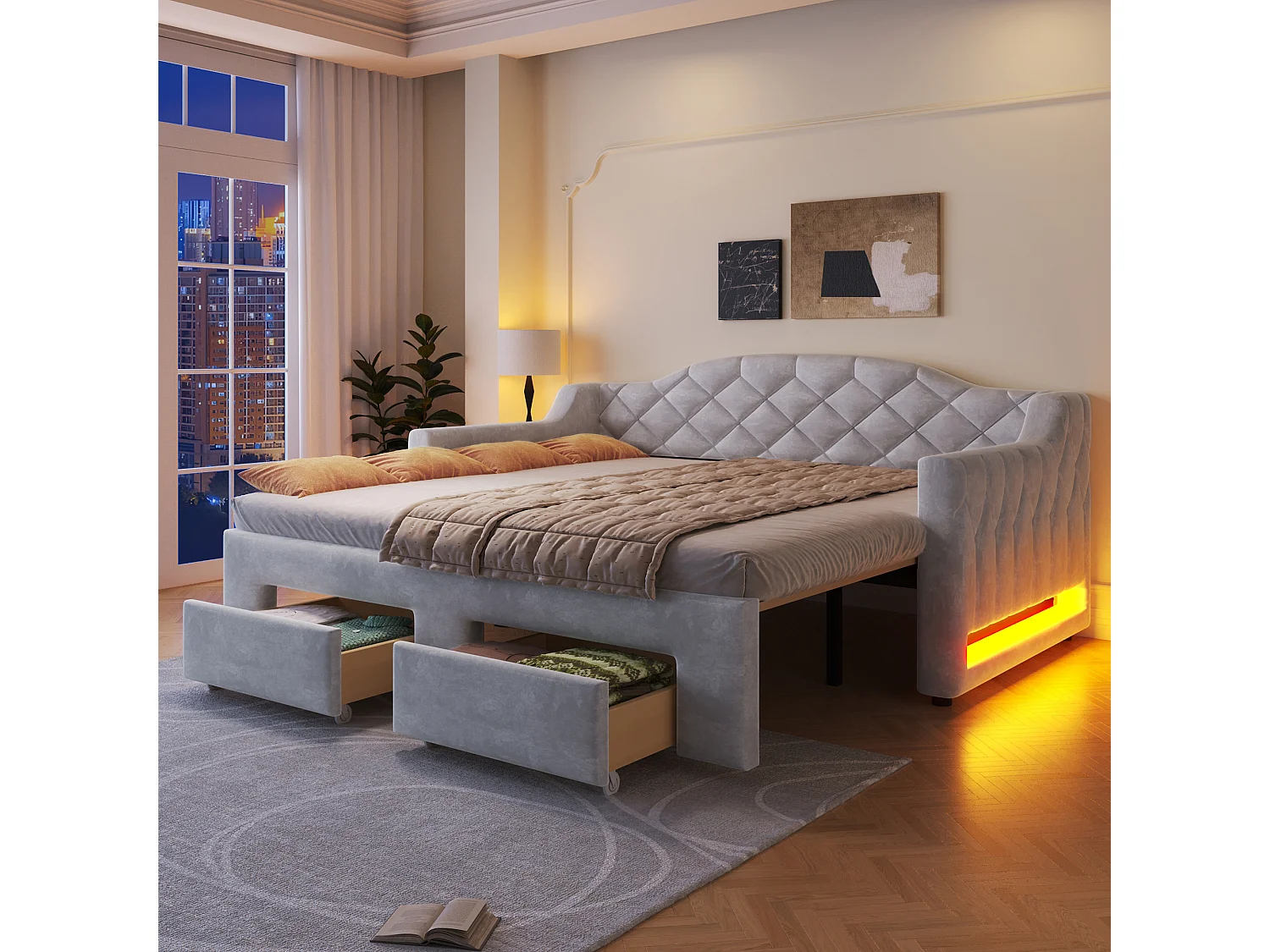 Lit banquette capitonnée gigogne - 90/180 x 200 cm - avec Leds + 2 tiroirs - MDF - gris