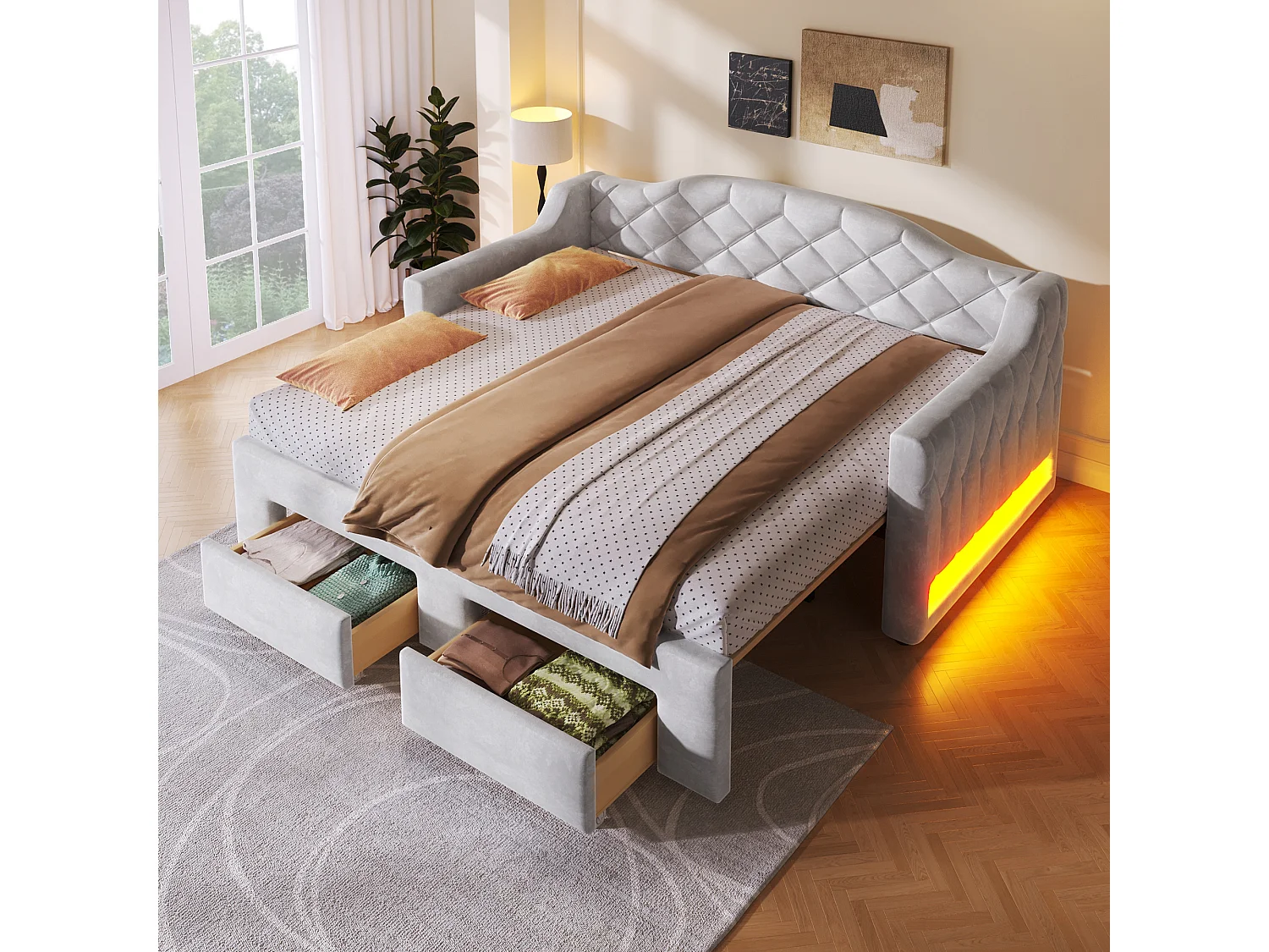 Lit banquette capitonnée gigogne - 90/180 x 200 cm - avec Leds + 2 tiroirs - MDF - gris