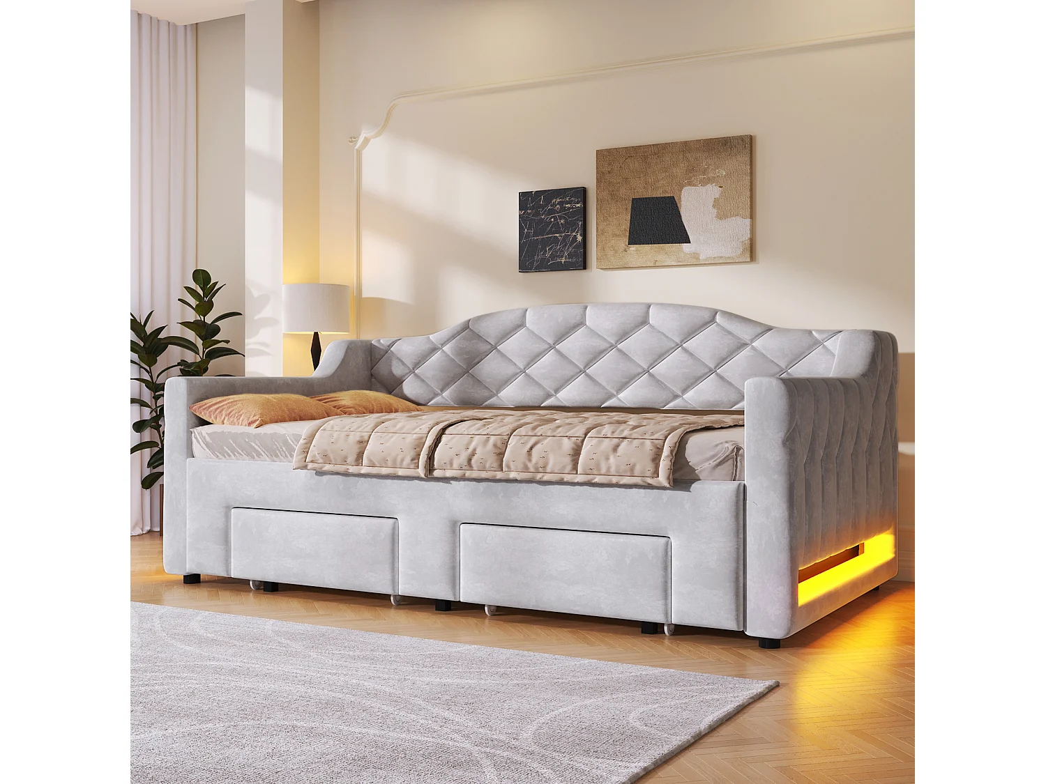 Lit banquette capitonnée gigogne - 90/180 x 200 cm - avec Leds + 2 tiroirs - MDF - gris