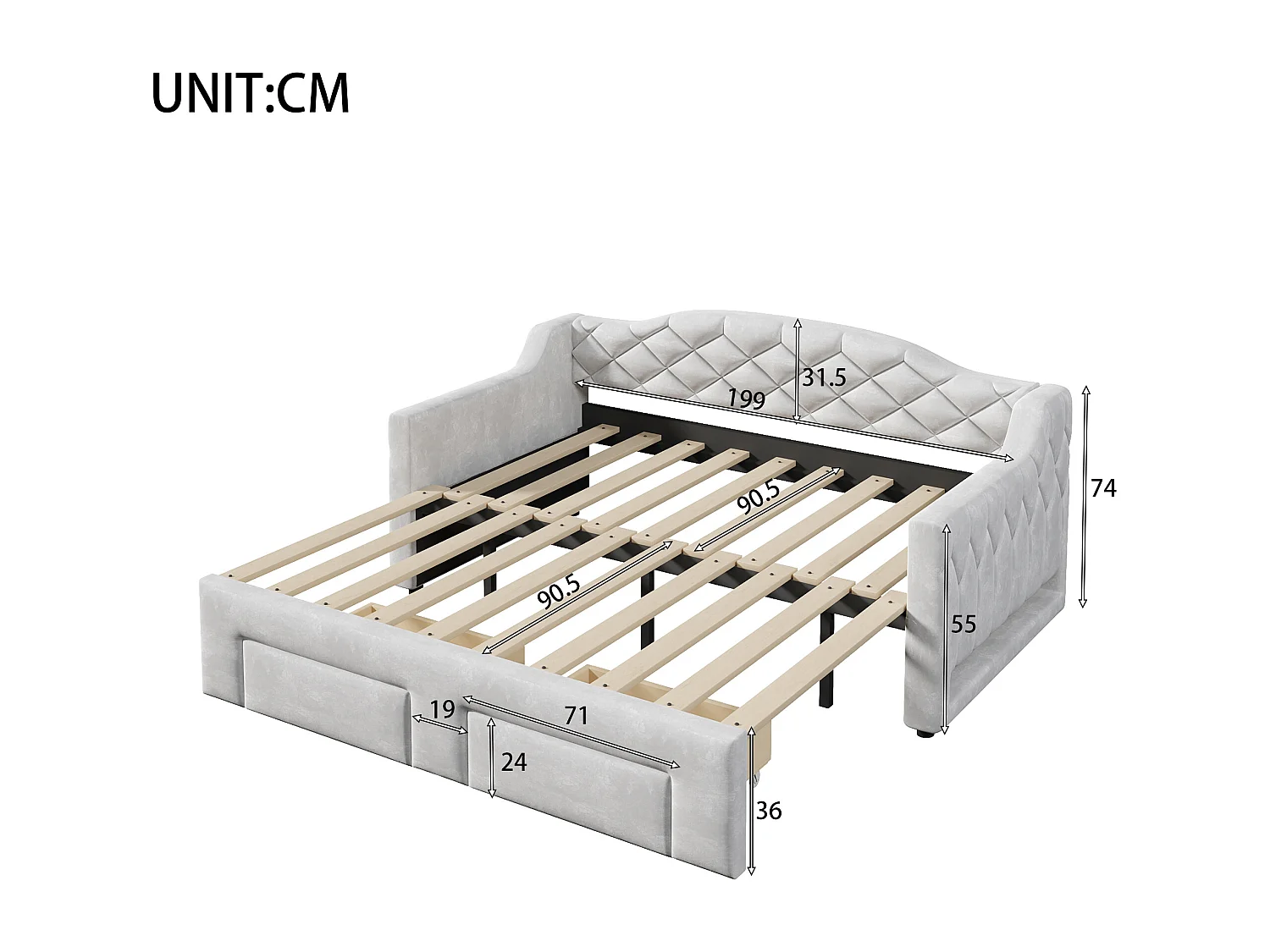 Lit banquette capitonnée gigogne - 90/180 x 200 cm - avec Leds + 2 tiroirs - MDF - gris