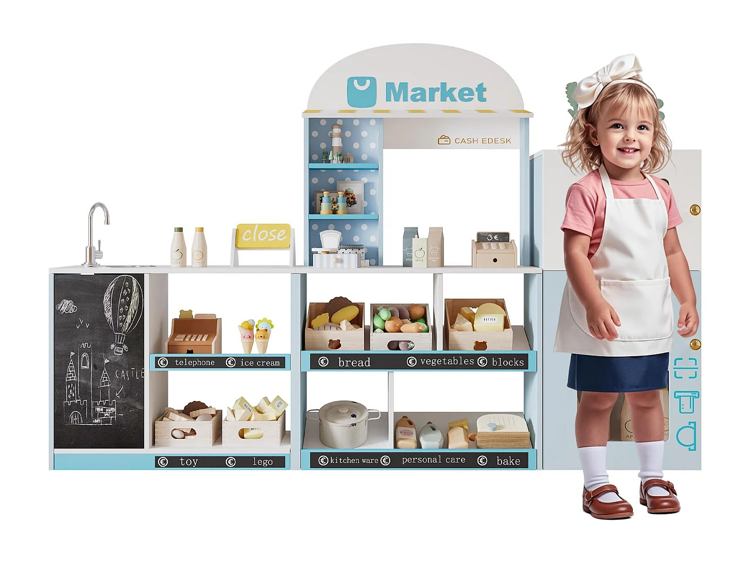 Cuisine Enfants en bois 1550x30x107.5cm - boutique multifonctionnelle - Jouet d’Imitation pour 3 Ans+ (Blanc+Bleu)