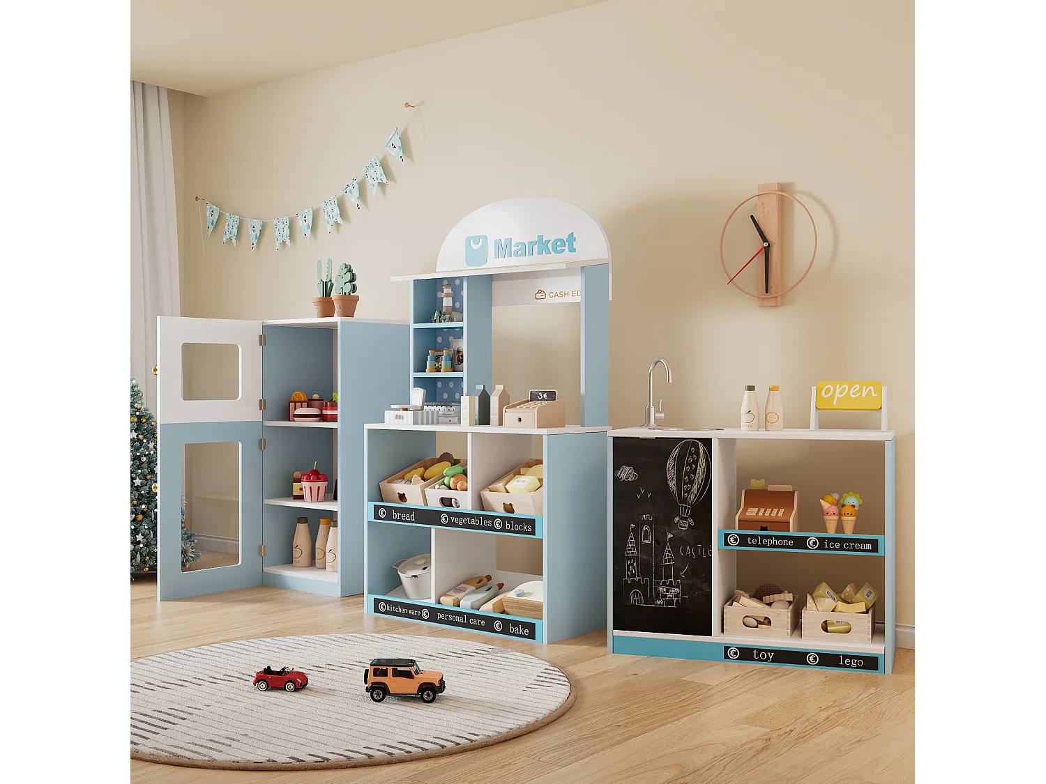 Cuisine Enfants en bois 1550x30x107.5cm - boutique multifonctionnelle - Jouet d’Imitation pour 3 Ans+ (Blanc+Bleu)