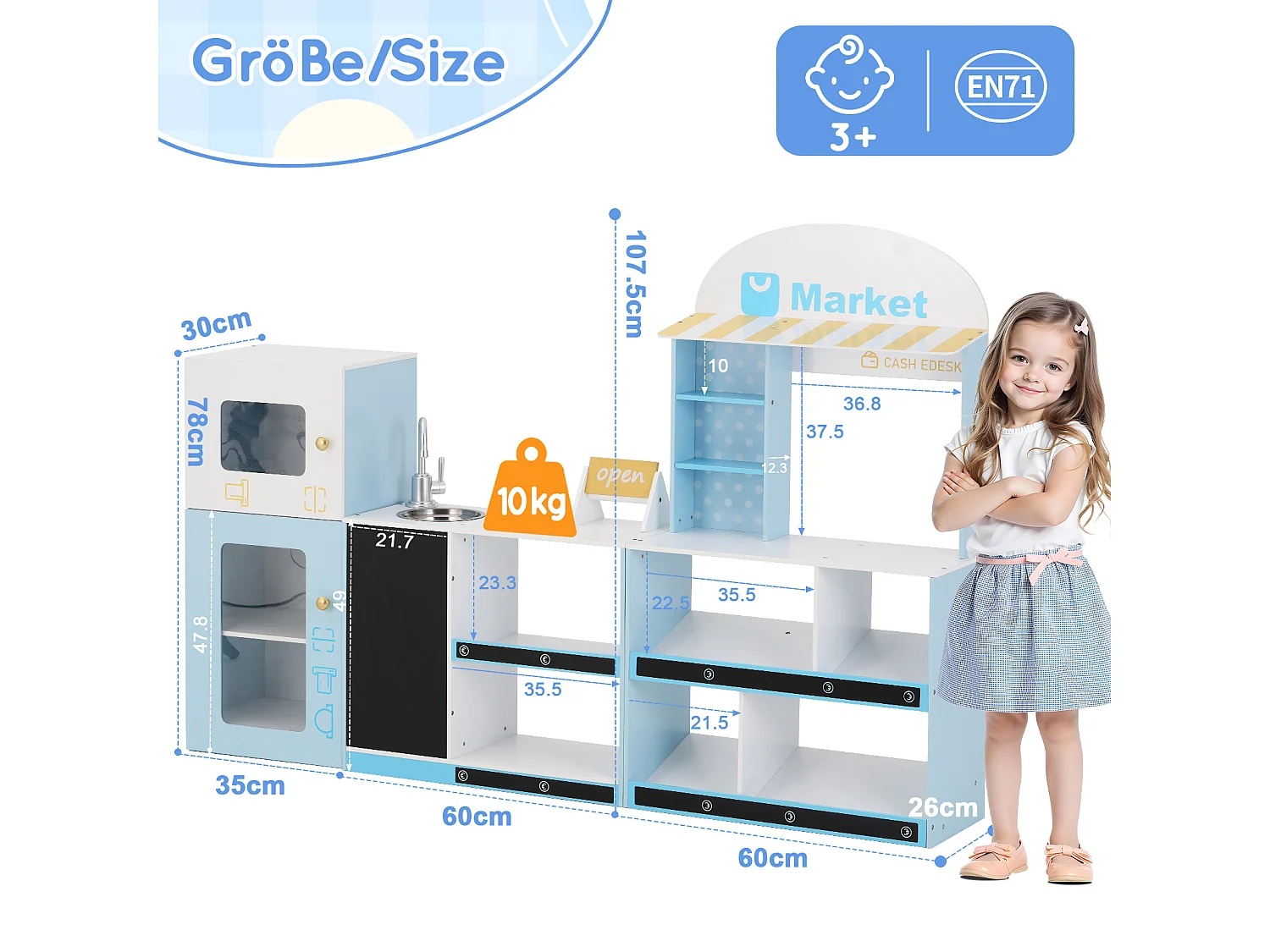 Cuisine Enfants en bois 1550x30x107.5cm - boutique multifonctionnelle - Jouet d’Imitation pour 3 Ans+ (Blanc+Bleu)