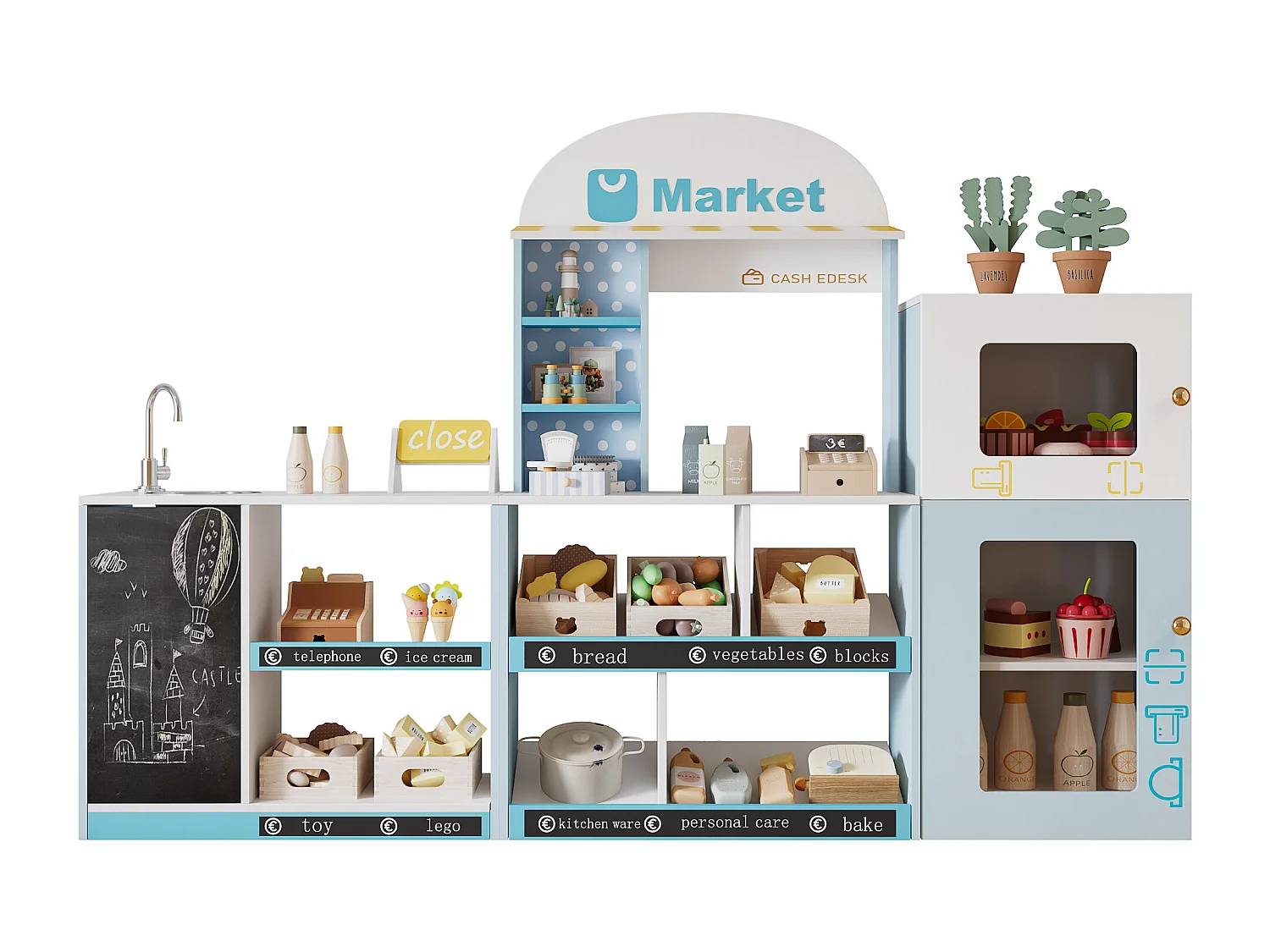 Cuisine Enfants en bois 1550x30x107.5cm - boutique multifonctionnelle - Jouet d’Imitation pour 3 Ans+ (Blanc+Bleu)