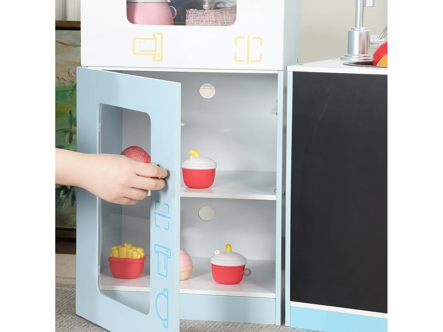 Cuisine Enfants en bois 1550x30x107.5cm - boutique multifonctionnelle - Jouet d’Imitation pour 3 Ans+ (Blanc+Bleu)