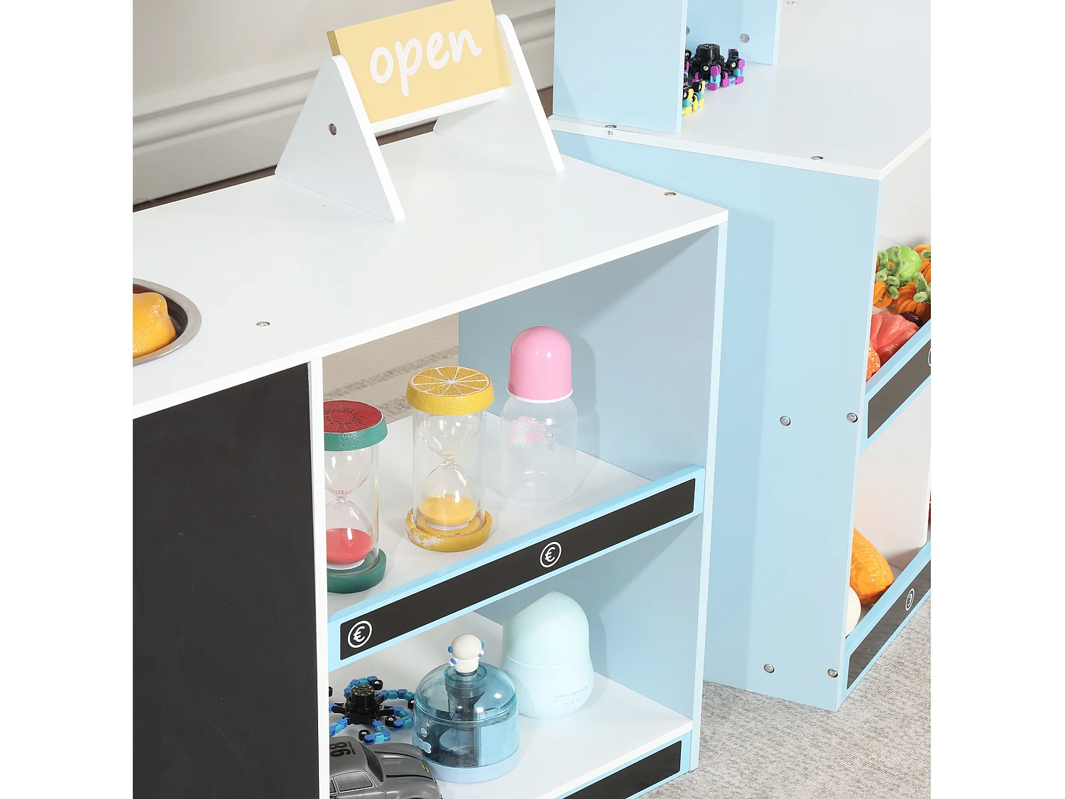 Cuisine Enfants en bois 1550x30x107.5cm - boutique multifonctionnelle - Jouet d’Imitation pour 3 Ans+ (Blanc+Bleu)