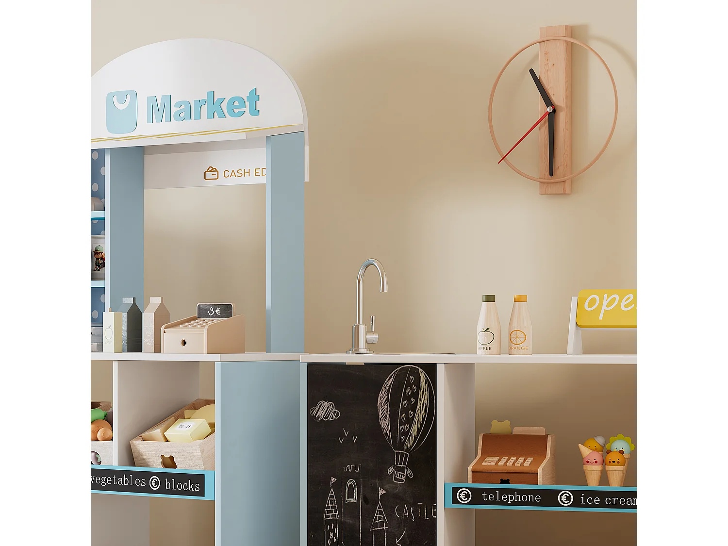 Cuisine Enfants en bois 1550x30x107.5cm - boutique multifonctionnelle - Jouet d’Imitation pour 3 Ans+ (Blanc+Bleu)