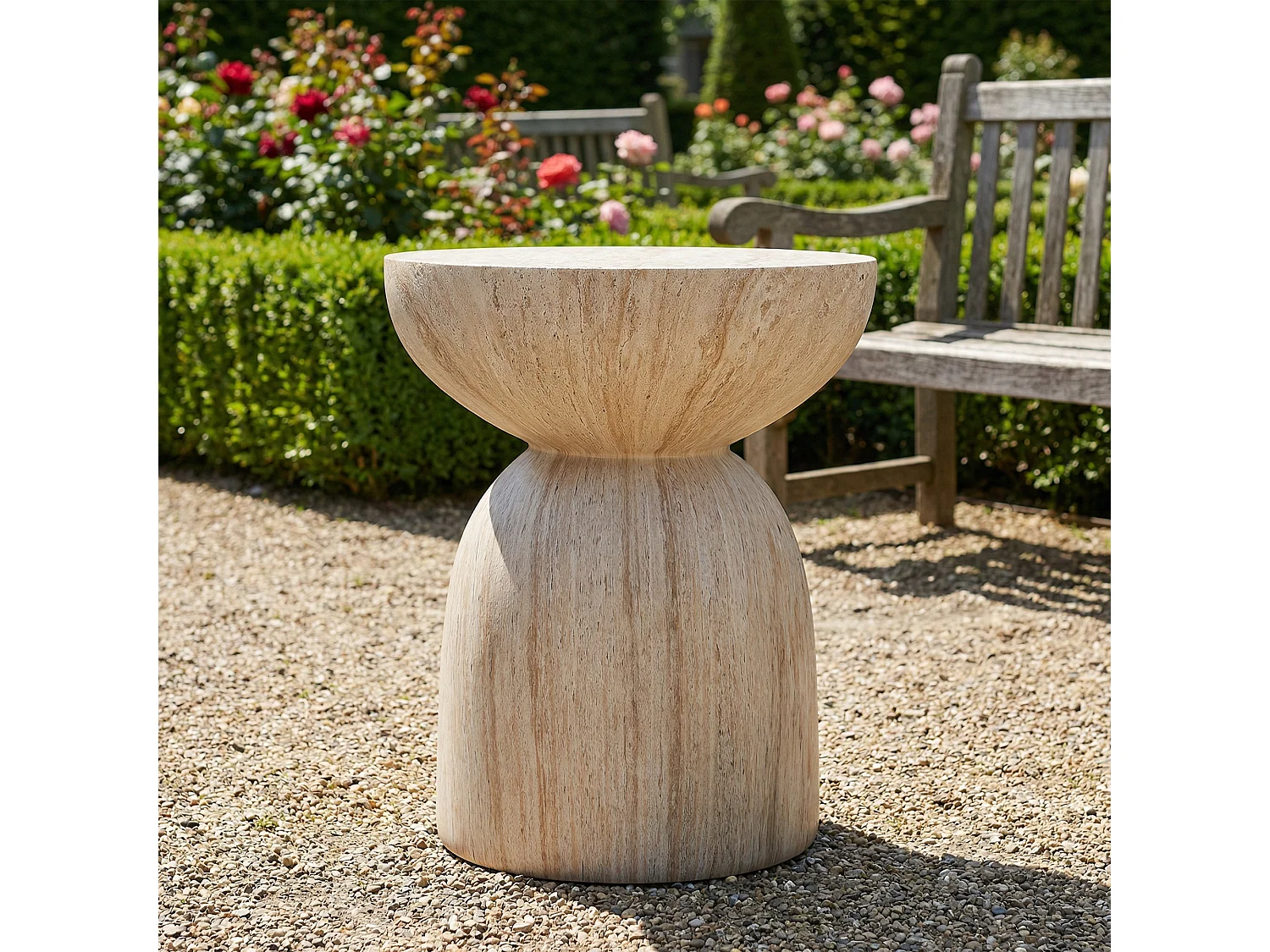 Bout de Canapé de Jardin Design en MgO - Table d'Appoint Sablier Aspect Travertin Naturel - Beige