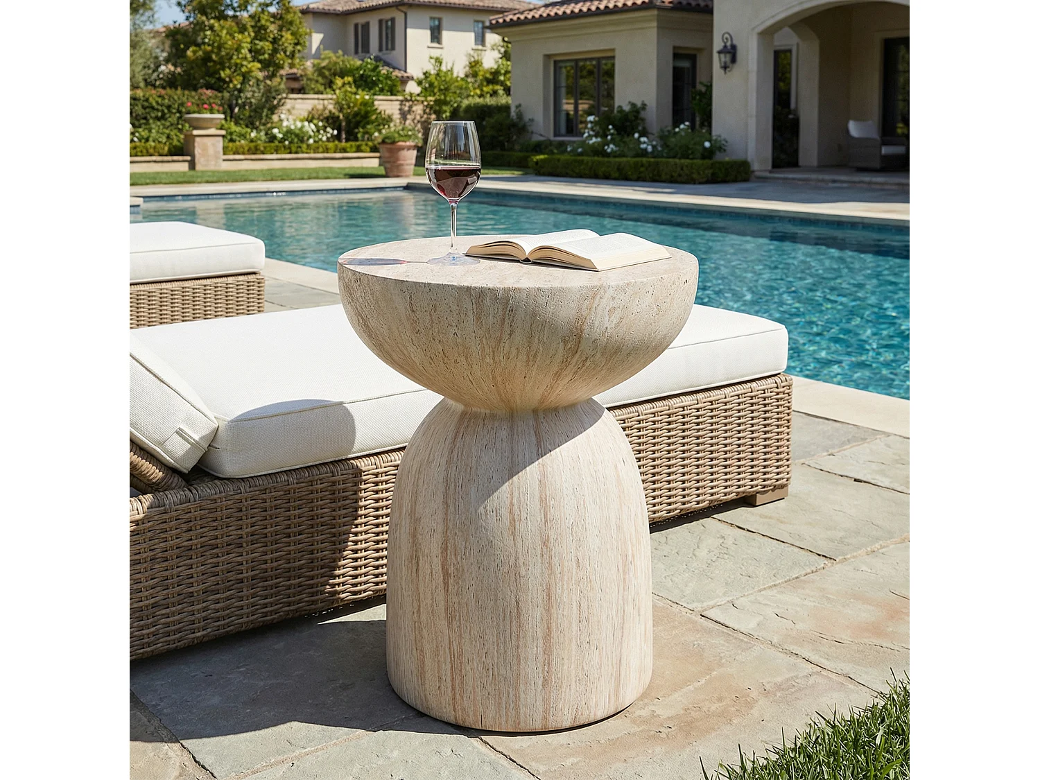 Bout de Canapé de Jardin Design en MgO - Table d'Appoint Sablier Aspect Travertin Naturel - Beige