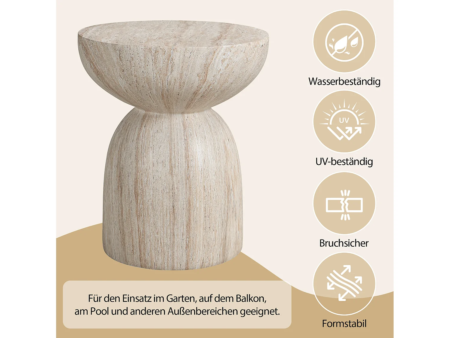 Bout de Canapé de Jardin Design en MgO - Table d'Appoint Sablier Aspect Travertin Naturel - Beige
