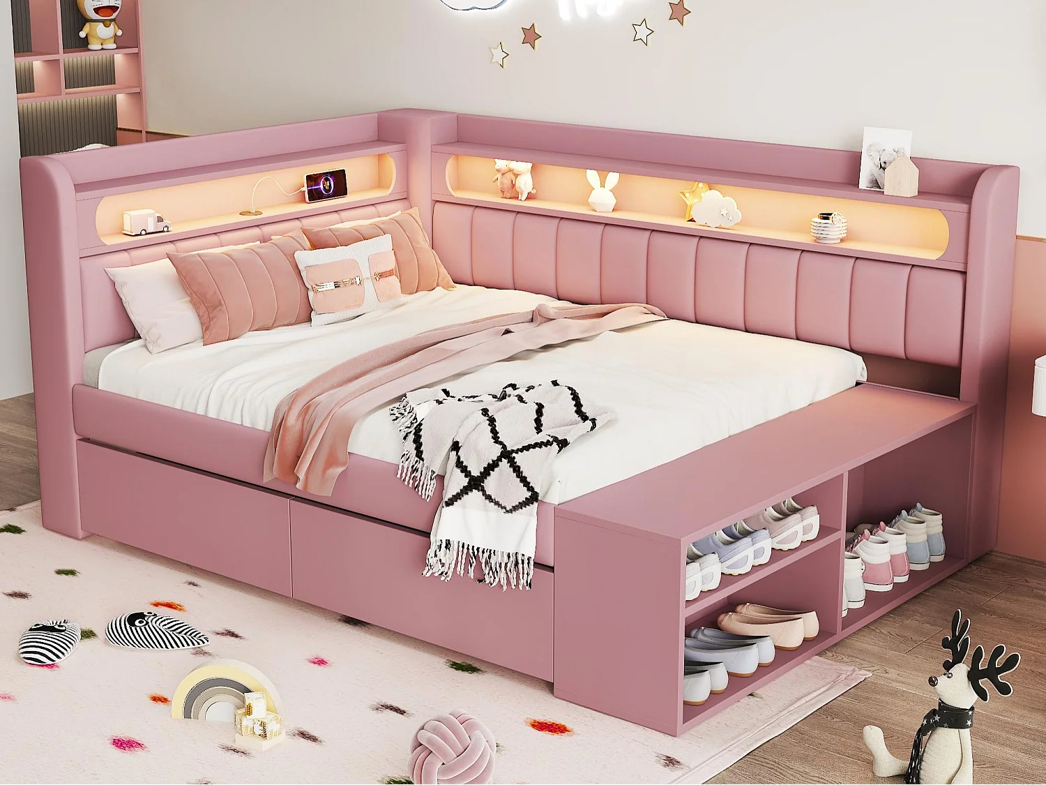 Canapé-lit capitonné 90x200 cm - éclairage LED et port USB - 2 tiroirs et étagère à chaussures - MDF+Lin - Rose(sans matelas)