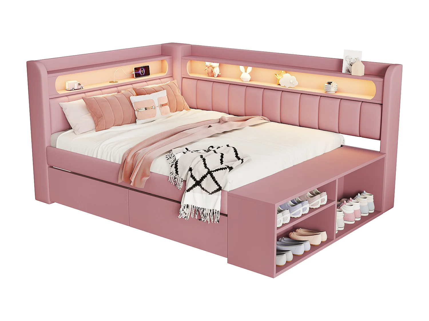 Canapé-lit capitonné 90x200 cm - éclairage LED et port USB - 2 tiroirs et étagère à chaussures - MDF+Lin - Rose(sans matelas)