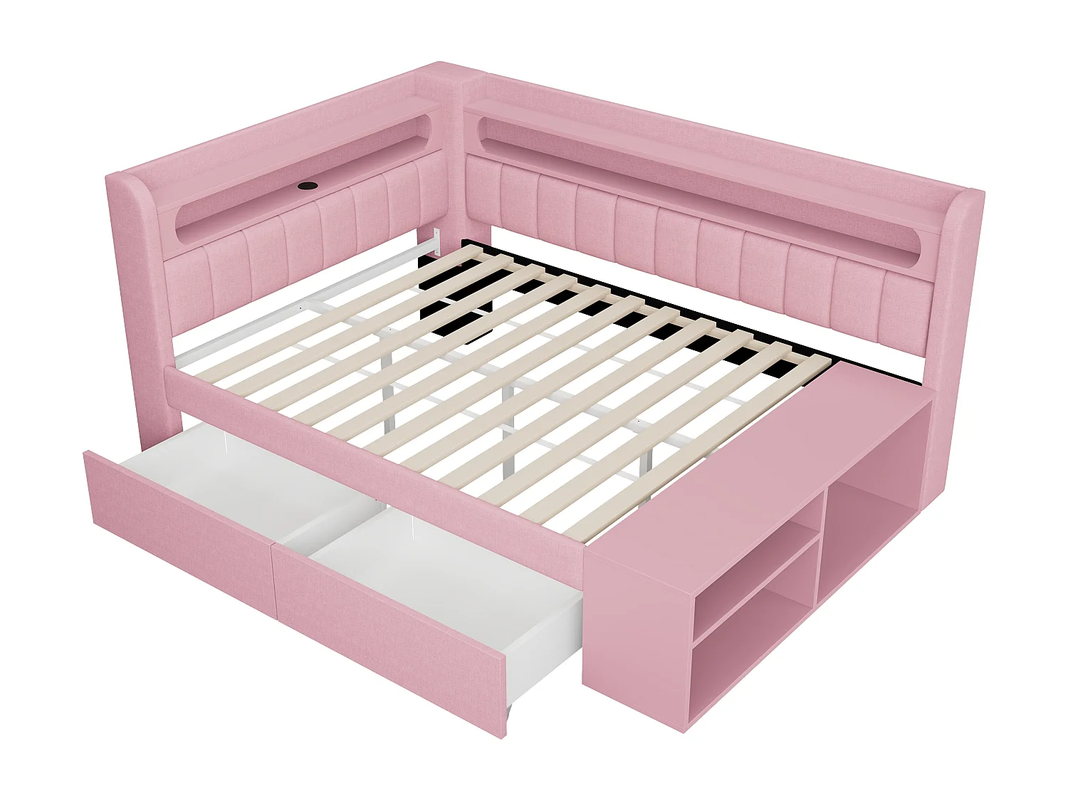 Canapé-lit capitonné 90x200 cm - éclairage LED et port USB - 2 tiroirs et étagère à chaussures - MDF+Lin - Rose(sans matelas)